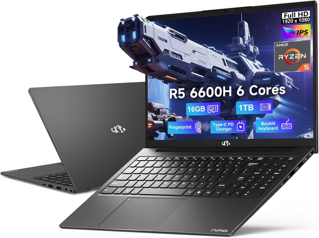 NIMO 15.6 FHD-Business-Gaming-Laptop, 6-Cores 660M GPU, AMD Ryzen 5 6600H 16GB DDR5 1TB SSD (Beat i7-1165G7, Up to 4.5GHz) IPS Laptop Computer with 100W Type C Fingerprint Backlit Keyboard