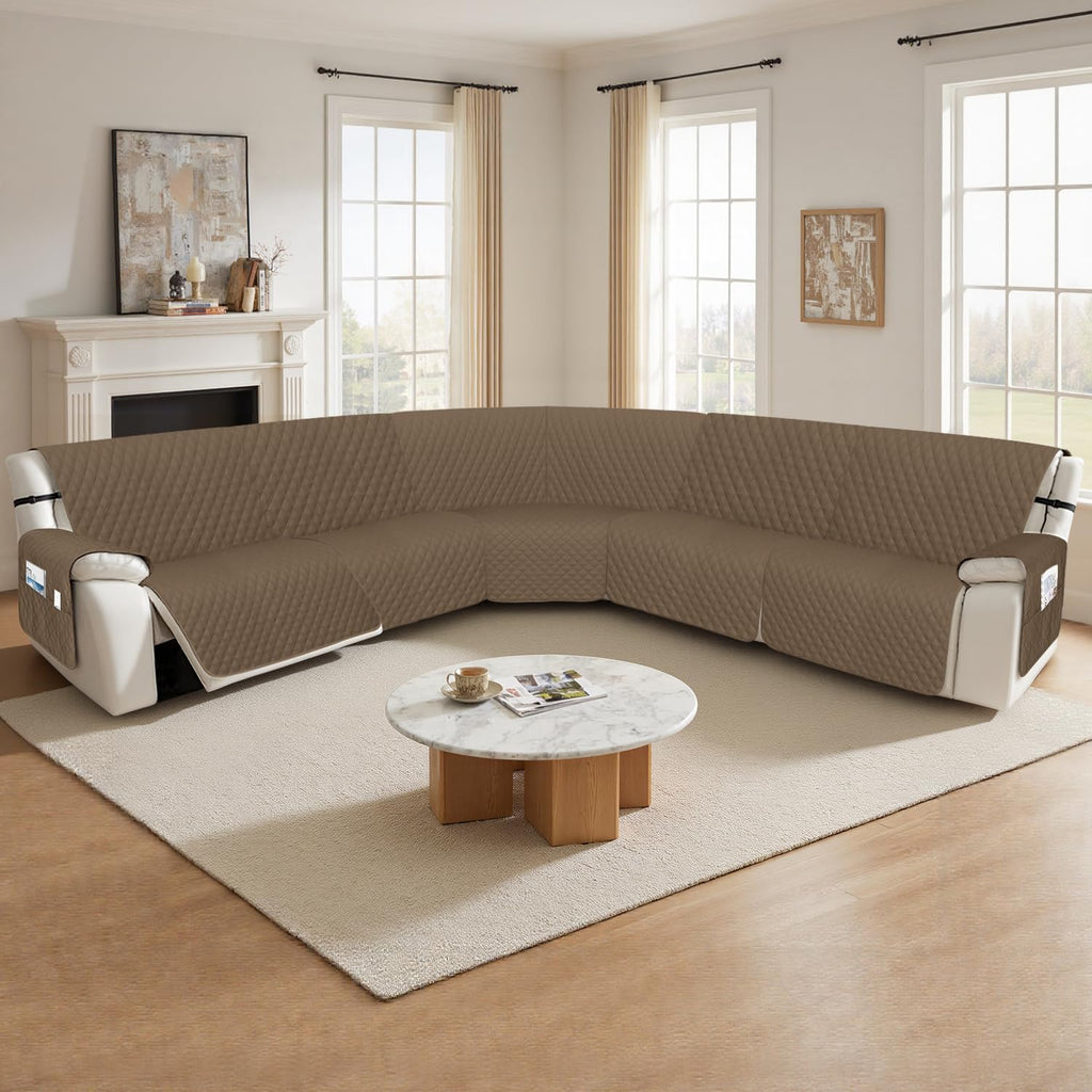 Arfntevss Recliner Sectional Couch Covers 1OO% Waterproof L Shape Sofa Cover for Reclining L Shaped Sectional Slipcover for Dog Washable Corner Furniture Protector (XXL 5 Seat Cover, Light Brown)