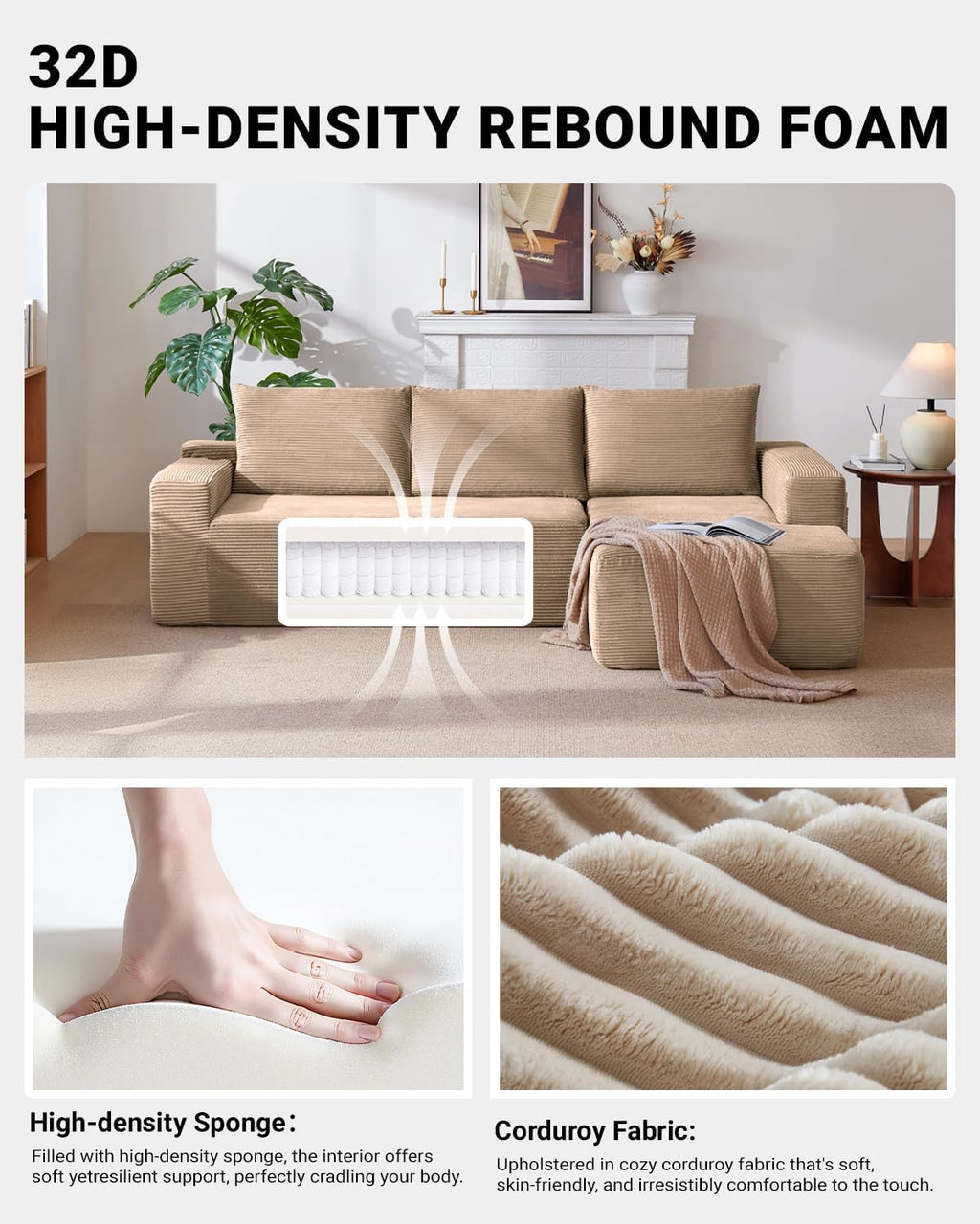 96 Inch Cloud Sectional Couch,Modern Modular Sectional Sofa with Deep Seat,Corduroy Boneless Couches with L-Shape Chaise for Living Room Bedroom,No Assembly Required (Camel, Right Facing Chaise)