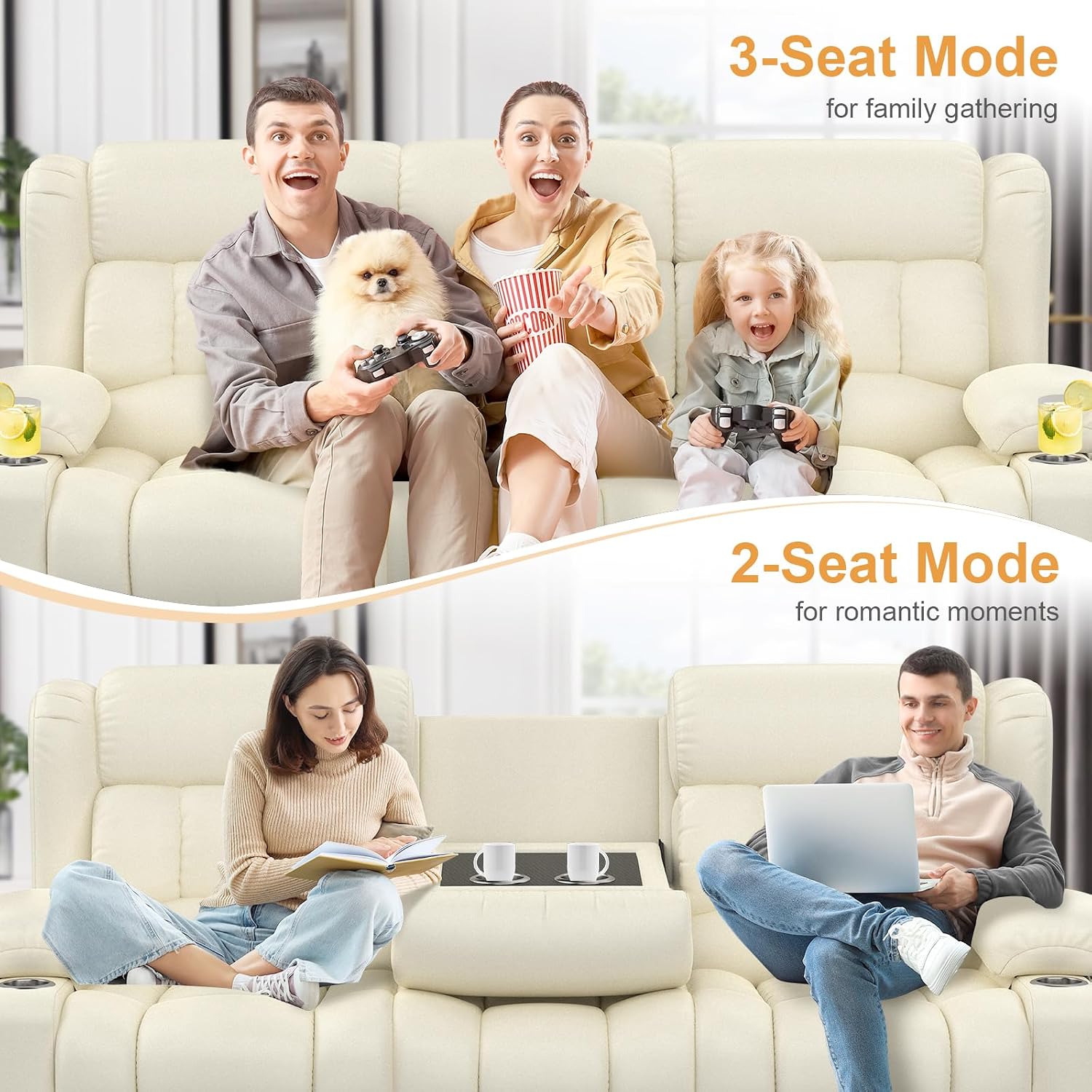 Dresegmt Loveseat Recliner Sofa, Flip Middle Backrest Design PU Leather 3 Seat Reclining Sofa with Storage Drawer, Manual Couch for Living Room (Ivory White, PU)