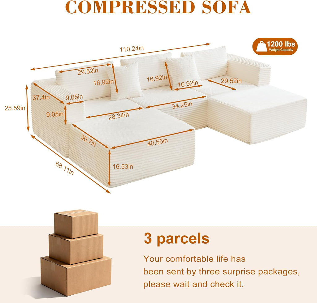 110 Corduroy Boneless Couch for Living Room with 2 Ottomans, Convertible Modular Cloud Sofa with Deep Seats, Ergonomic Memory Foam U Shaped Sectional Couch, No Assembly Required (Beige)