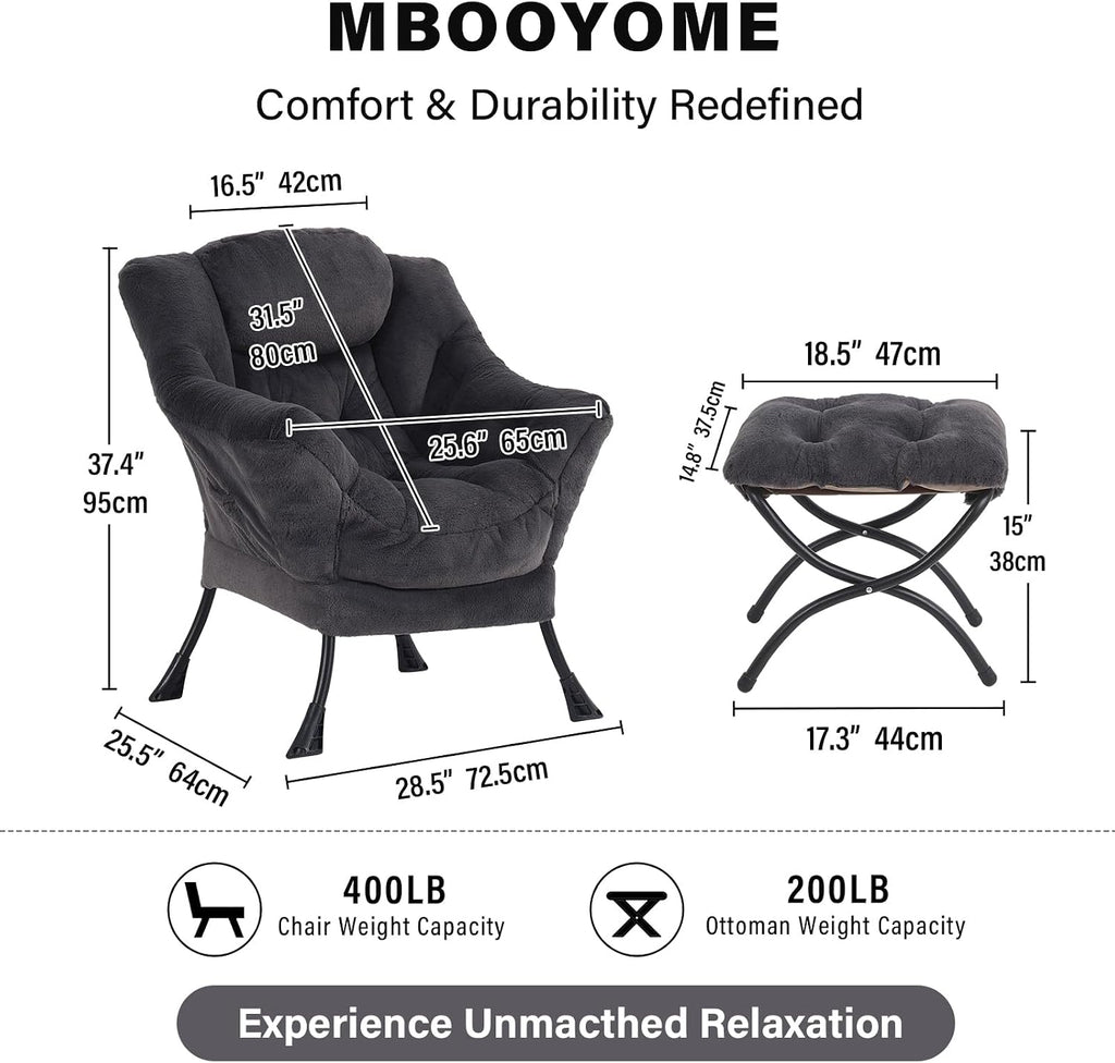 MBOOYOME Lazy Chair with Folding Ottoman, Modern Accent Lounge Armchair with Armrests and a Side Pocket & Foldable Footstool, Leisure Reading Chair for Living Room, Bedroom, Dorm & Office, Plush Navy