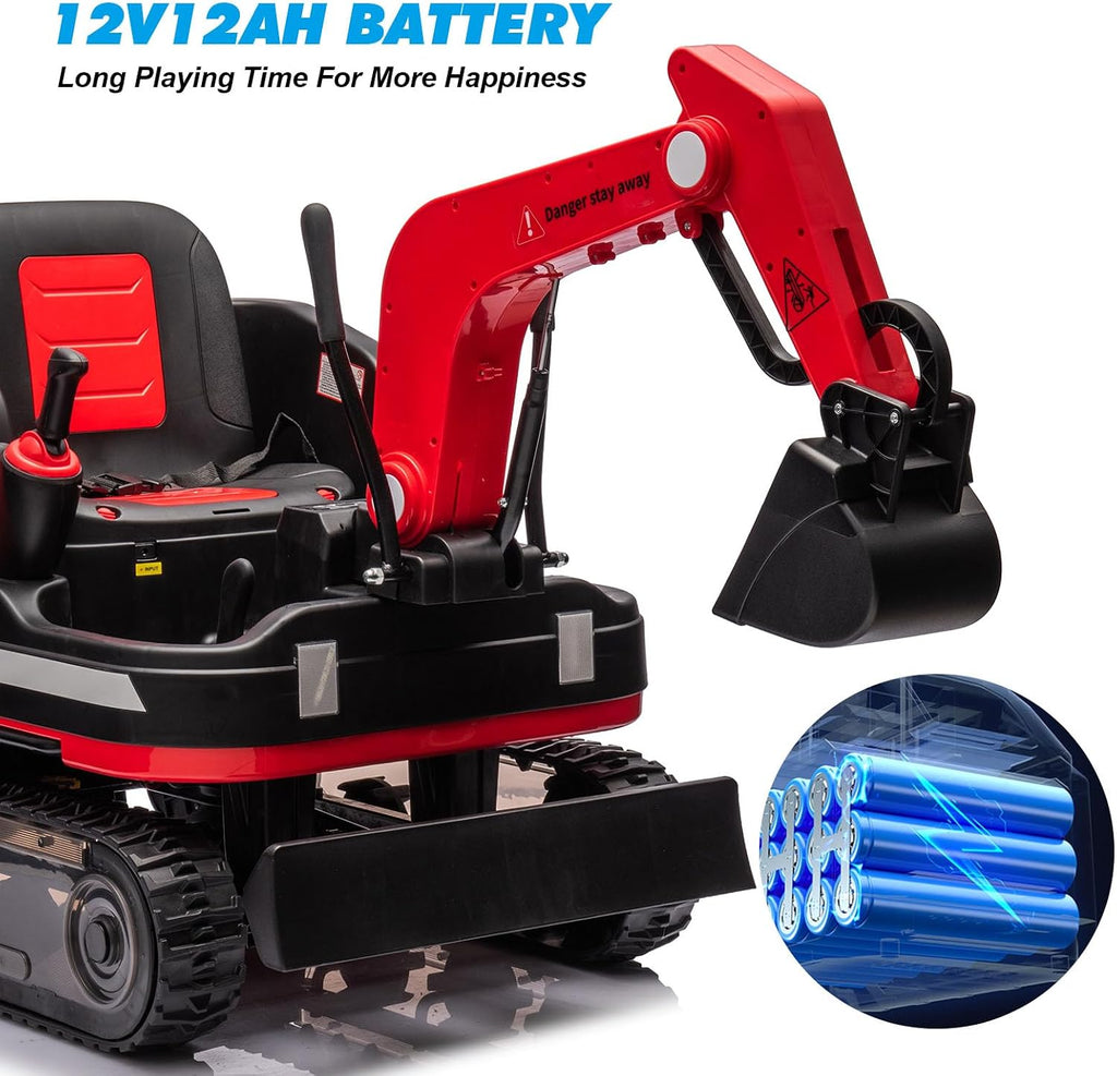 JOYLDIAS 360 Degree Rotating Ride On Excavator and Bulldozer,12V12AH Battery Powered Ride On Toy Backhoe W/Track Design Wheels for All Terrain,Remote Control,MP3,Toolbox for Kids,Parent,Red
