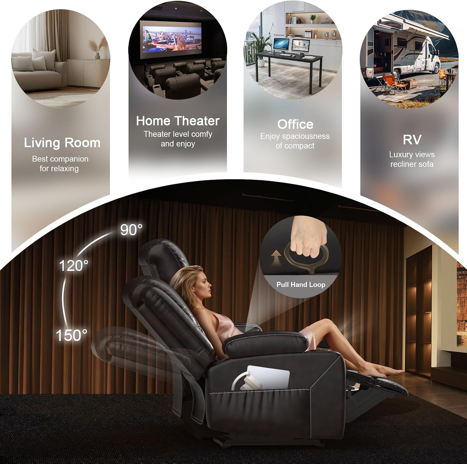 Recliner Sofa 3 Seater Sofa with Recliner, Home Theater Seating with Liftable Console & Removable Armrest, Manual PU Leather Reclining Couch with Cup Holders & USB Ports for Living Room/RV (PU,Brown)
