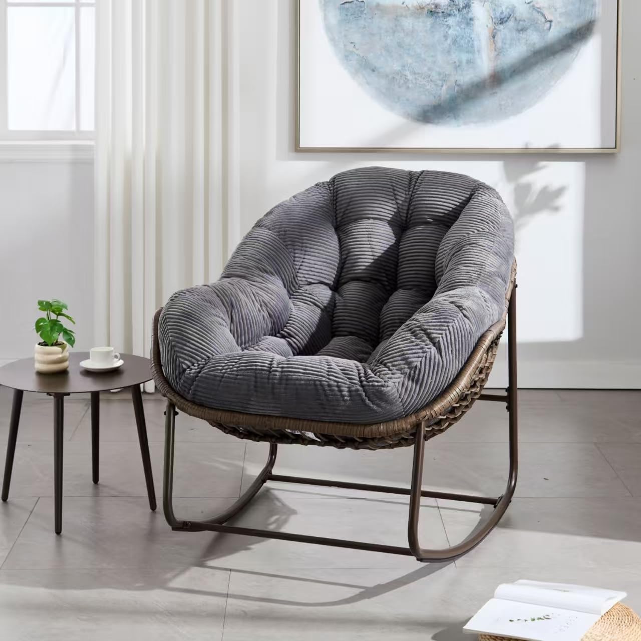 Oversized Indoor Outdoor Rocking Papasan Chair, Rattan Wicker Egg Rocking Chair with Steel Frame & Thick Corduroy Cushion, Comfy Recliner Lounger for Patio, Backyard, Balcony, Garden, Grey