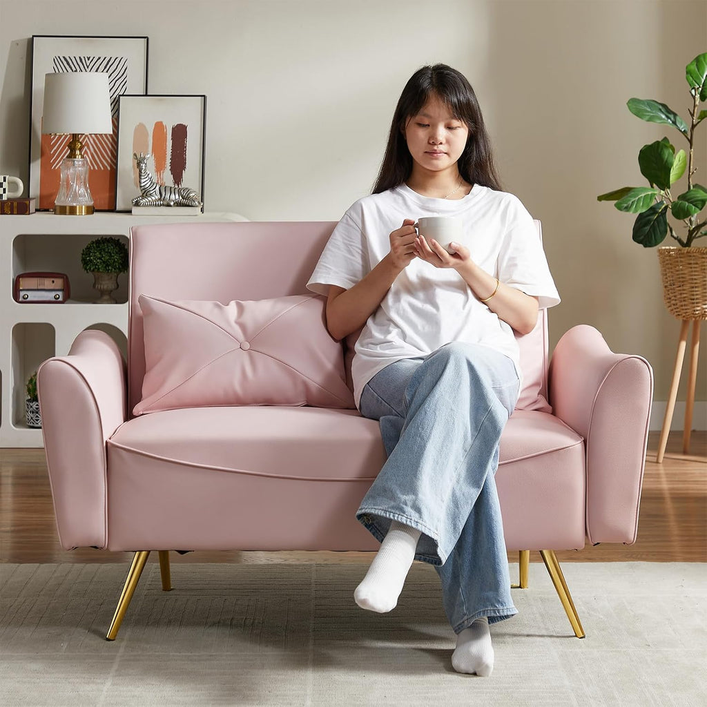Brelice 48' Faux Leather Loveseat Sofa, Modern Small Couch for Small Space with 2 Pillows, 2 Seater Couch for Living Room, Bedroom, Office, Apartment (Pink)