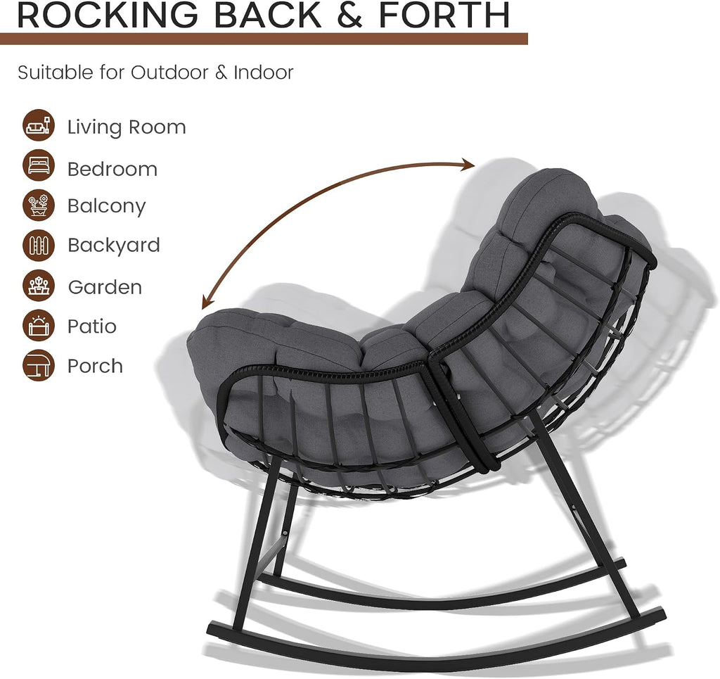 Oversized Wicker Papasan Rocking Chair, Indoor Outdoor Egg Chair Rocker, Comfy Patio Recliner with Modern Egg Style, Grey