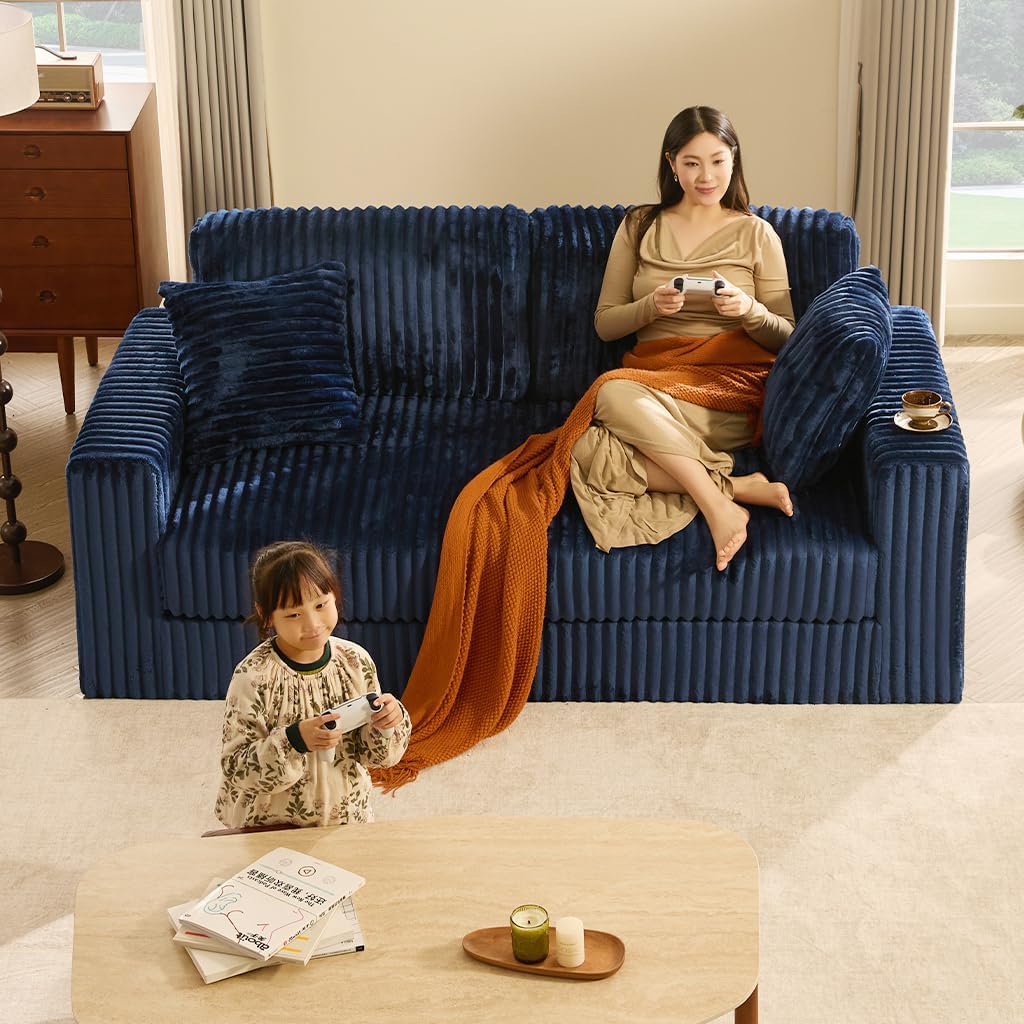 Cloud Couch Queen Sofa 80' 2-Seater Sofa(Not Boneless), Set of Modern Corduroy Loveseat with Deep Seats, High Backrest & Pocket Spring Cushions, Comfy Upholstered Couch for Living Room, Navy