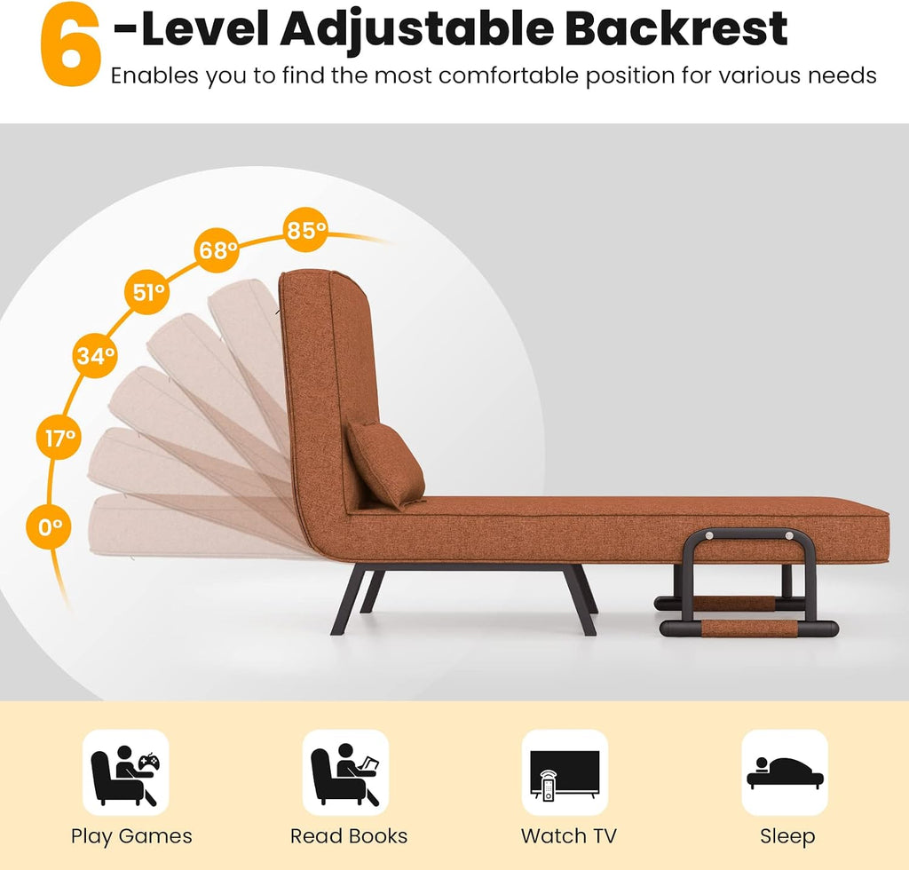 Giantex Convertible Sofa Bed, 4-in-1 Sleeper Chair with Pillow, Modern Recliner Guest Bed with 6 Position Adjustable Backrest, Metal Legs, Linen Fabric Armchairs for Nursery Living Room Office (Brown)