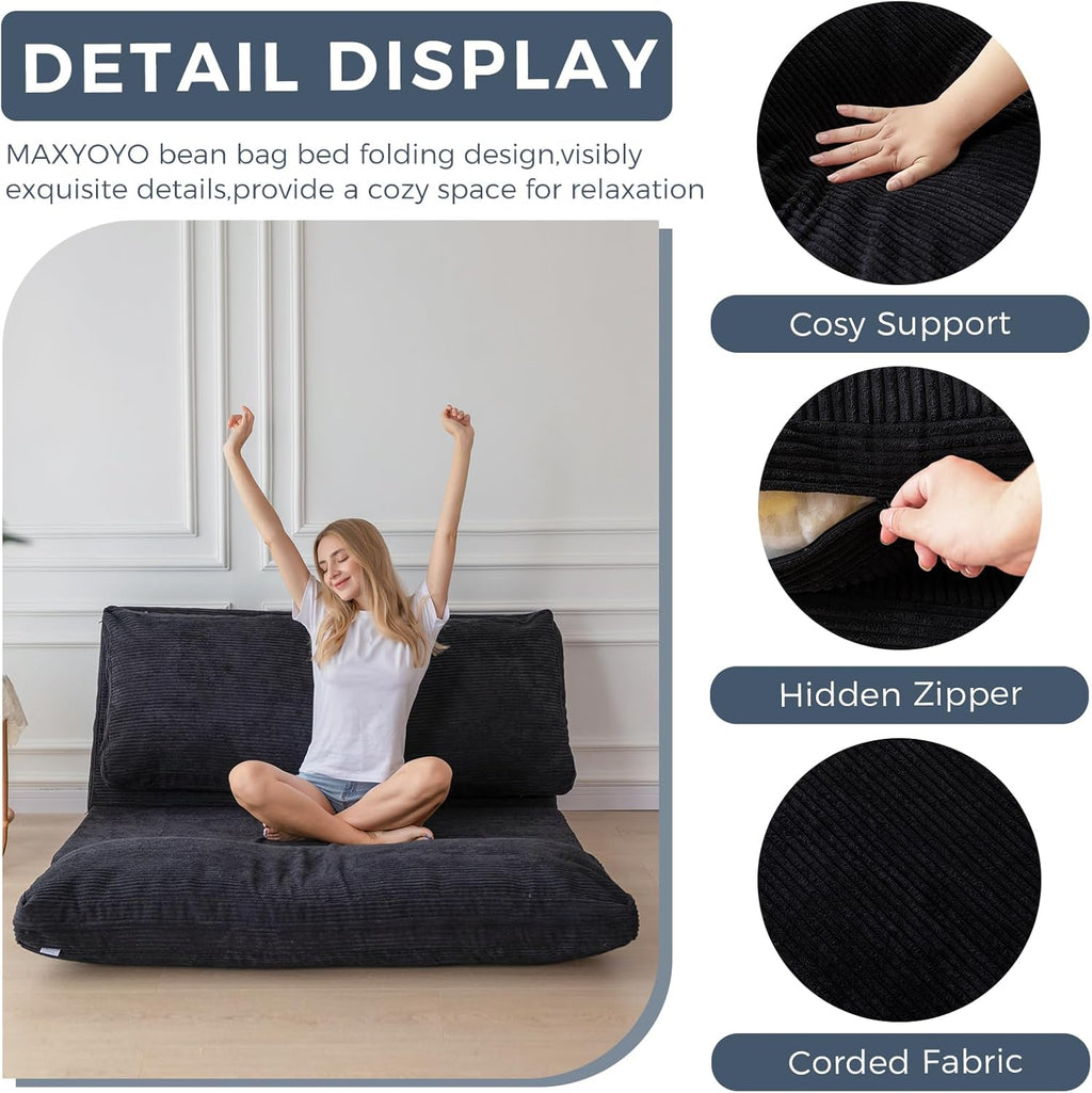 MAXYOYO Folding Sofa Bed, Extra Thick and Long Floor Sofa Convertible Sleeper Chair with Washable Cover, Floor Couch Lounge Bean Bag Bed for Living Room, Black, 54x95 Inch