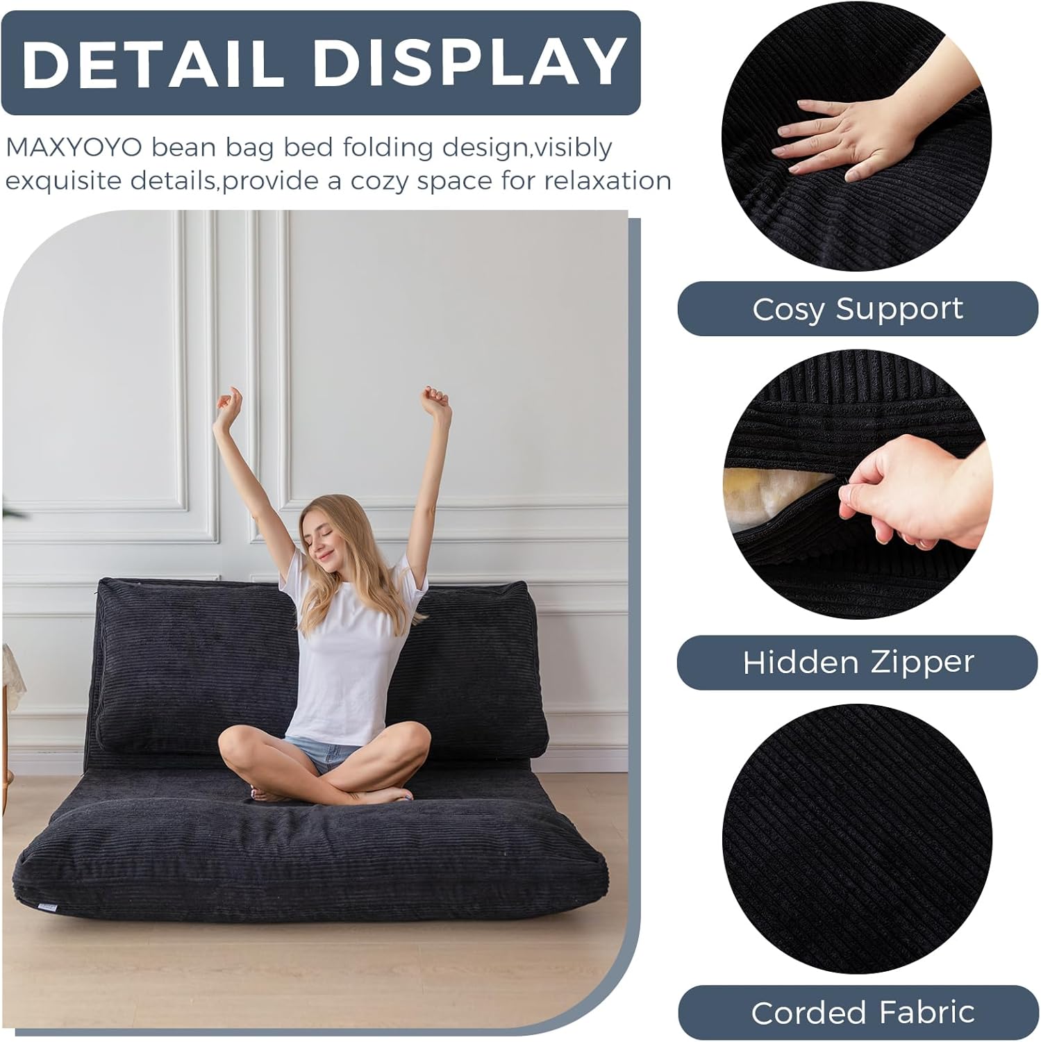 MAXYOYO Folding Sofa Bed, Extra Thick and Long Floor Sofa Convertible Sleeper Chair with Washable Cover, Floor Couch Lounge Bean Bag Bed for Living Room, Black, 39x95 Inch