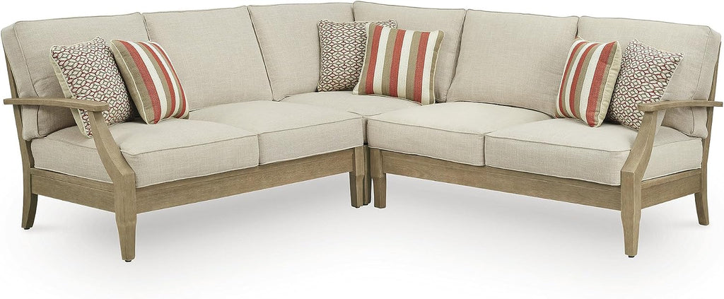 Signature Design by Ashley Clare View Symmetrical Contemporary 3-Piece Outdoor Sectional with Cushion and 6 Throw Pillows, Beige