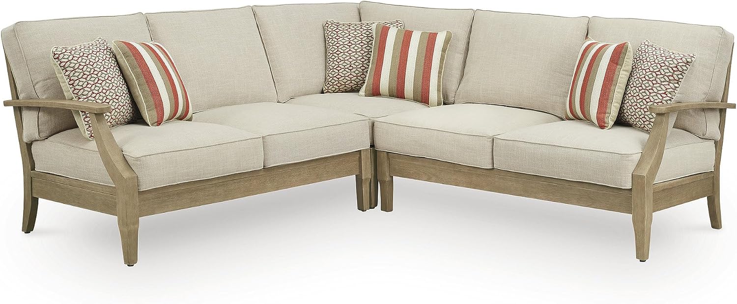 Signature Design by Ashley Clare View Symmetrical Contemporary 3-Piece Outdoor Sectional with Cushion and 6 Throw Pillows, Beige
