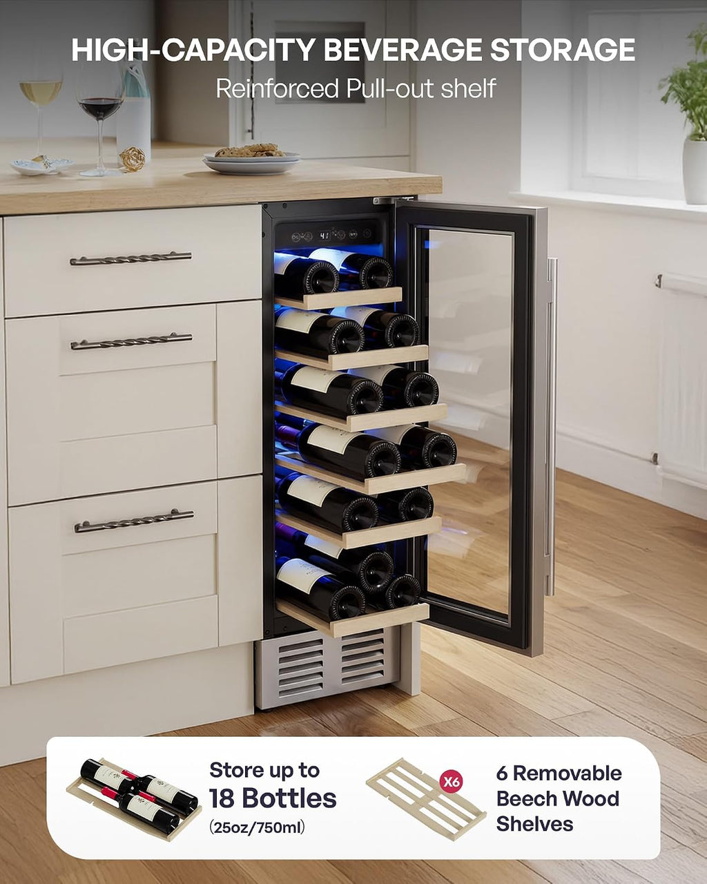 Icyglee 12 inch Wine Cooler Refrigerator, 18 bottle Wine Fridge Built-in or Freestanding with Double-Layer Tempered Glass Door, Mini Fridge with Digital Temp Control & Fast Cooling, Low Noise