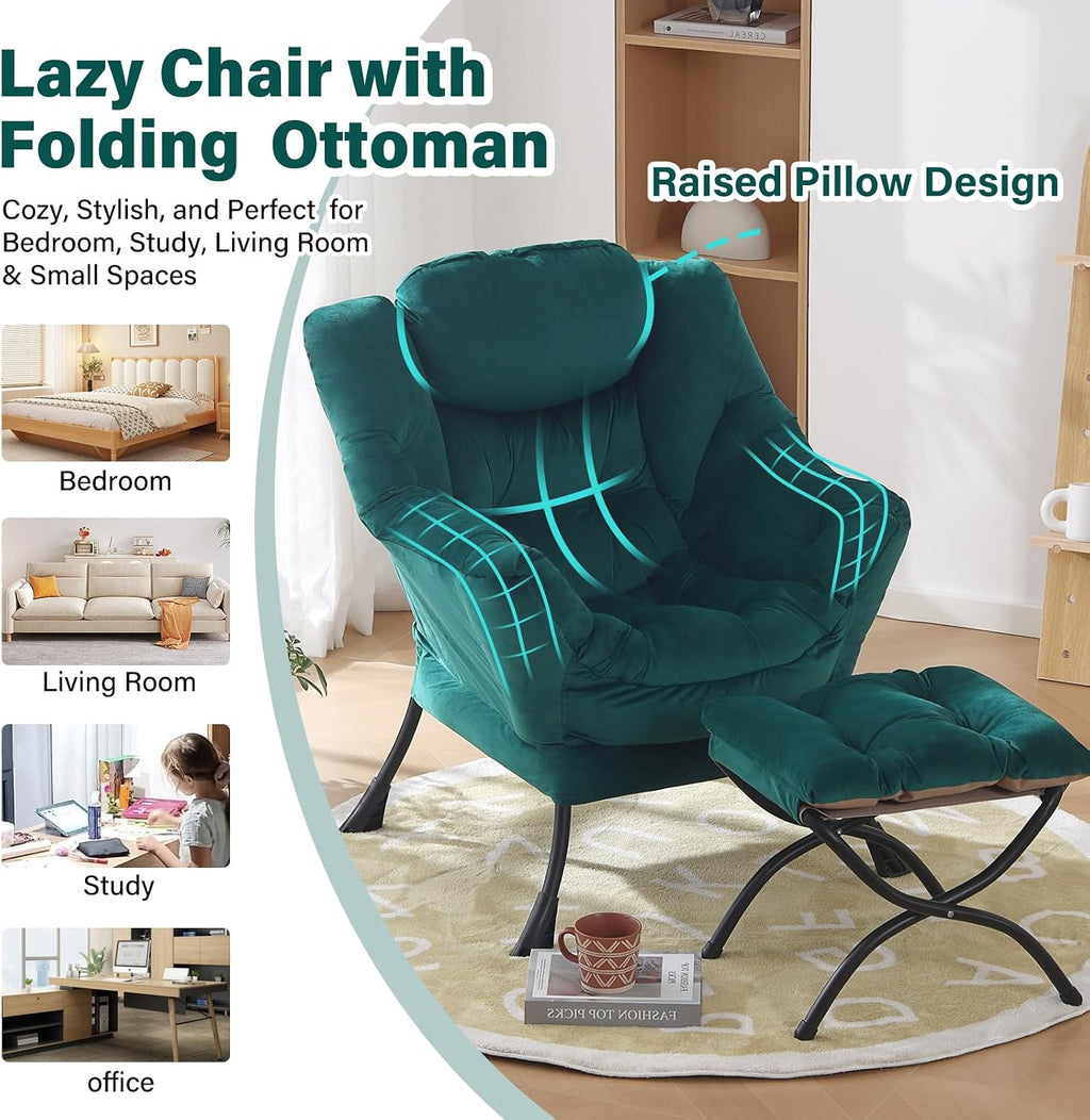 Furlide Lazy Chair with Ottoman, Modern Accent Chairs with Folding Footrest, Velvet Dark Green Sofa Chair Set, Reading Chairs, Oversized Armchairs for Bedroom, Study, Living Room, Courtyard