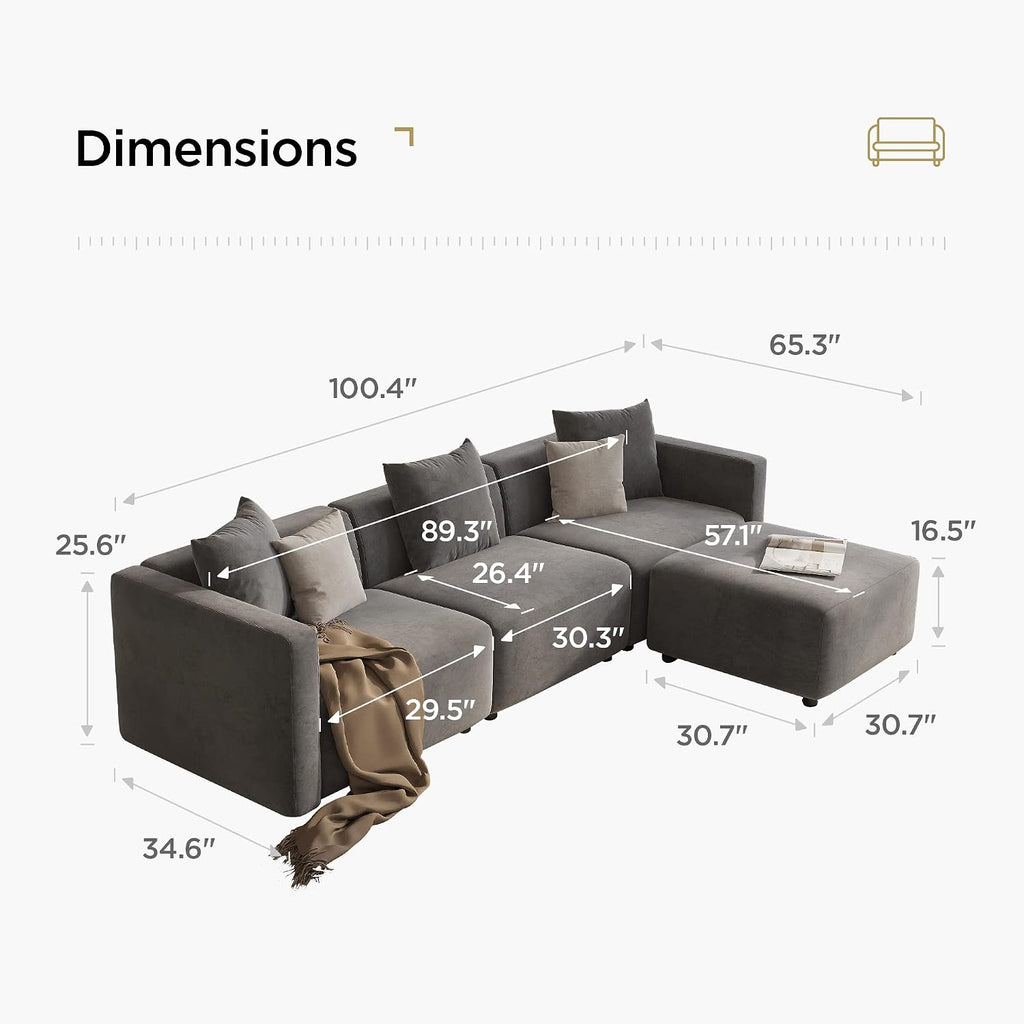 Acanva Luxury L-Shaped Upholstery Convertible Modular Sectional Sofa, Contemporary Reversible Couch with Chaise Lounge for Living Room, Apartment, 4 Piece Set, Suedette Dark Grey