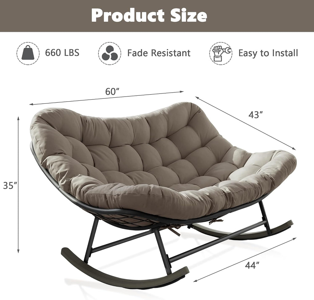Double Outdoor Papasan Rocking Chair, Oversized Papasan Loveseat with 6' Weatherproof Cushion & PE Rattan Frame, All-Weather Patio Furniture for 2 Adults,Khaki