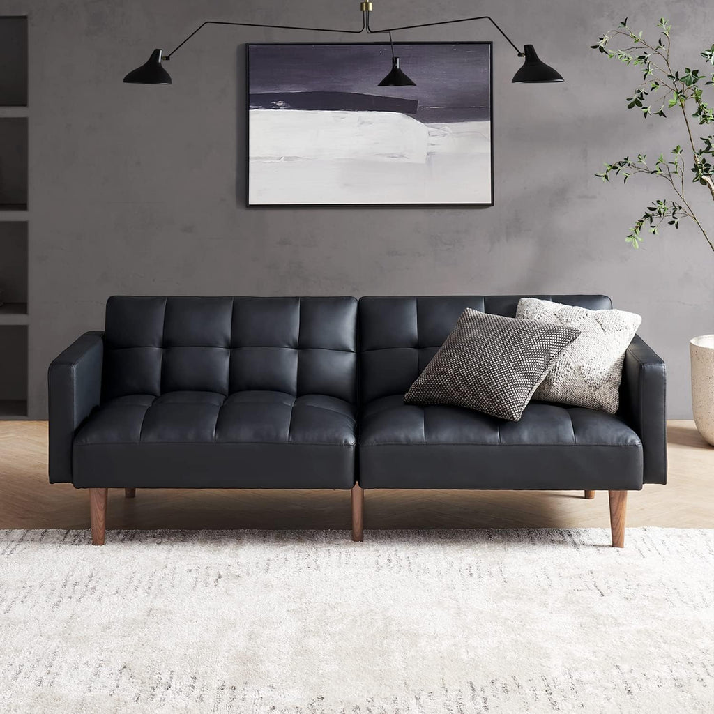 mopio 76.4' Futon Sofa Bed, Couch, Loveseat, Sleeper Sofa, Mid Century Modern Futon Couch, Sofa Cama, Couches for Living Room (Aaron PU, Midnight Black)