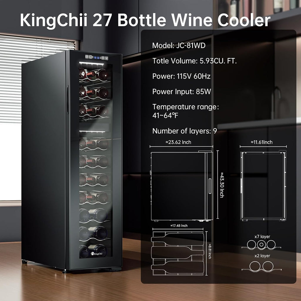 KingChii 27 Bottle Wine Cooler Refrigerator - Dual Zone Wine Fridge with Intelligent Digital Control, Low Noise Operation, Freestanding Wine Refrigerator for Home and Kitchen, Black