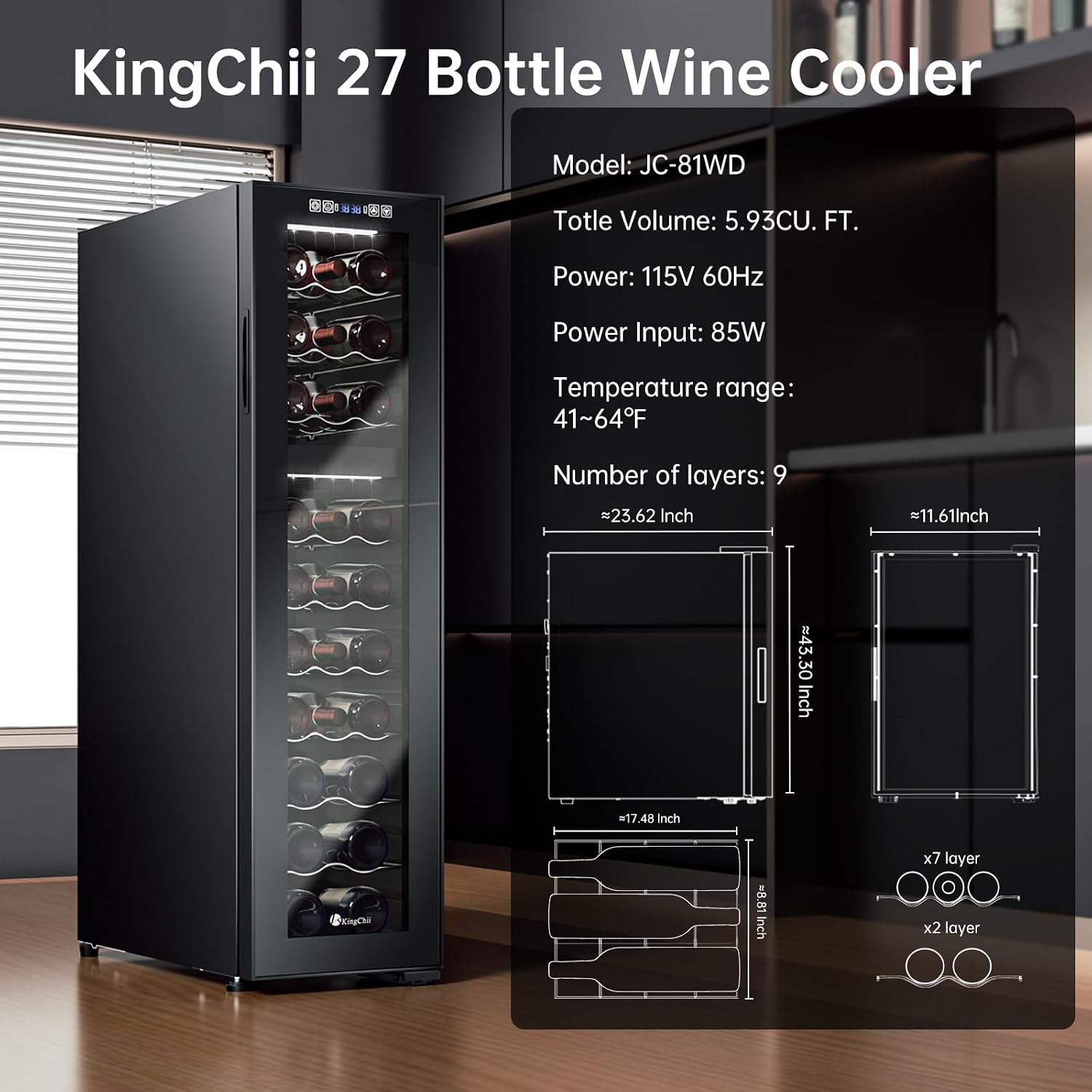 KingChii 27 Bottle Wine Cooler Refrigerator - Dual Zone Wine Fridge with Intelligent Digital Control, Low Noise Operation, Freestanding Wine Refrigerator for Home and Kitchen, Black