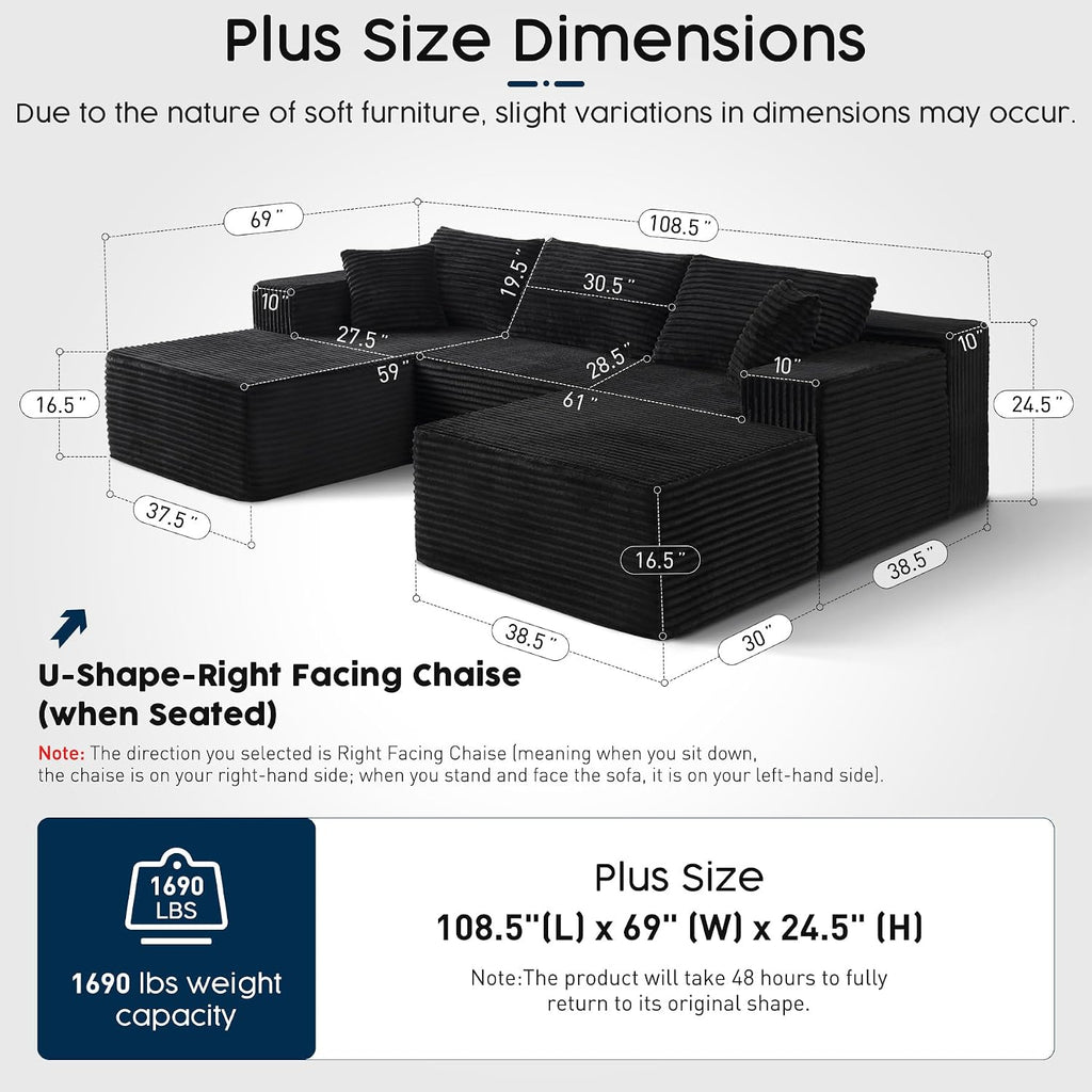 Black Sectional Couch with Ottoman, 108' Cloud Modular Couch for Living Room, Modern U-Shaped Sofa, No Assembly Required - Plush Corduroy Fabric & Deep Seat Comfort (Right Facing Chaise)