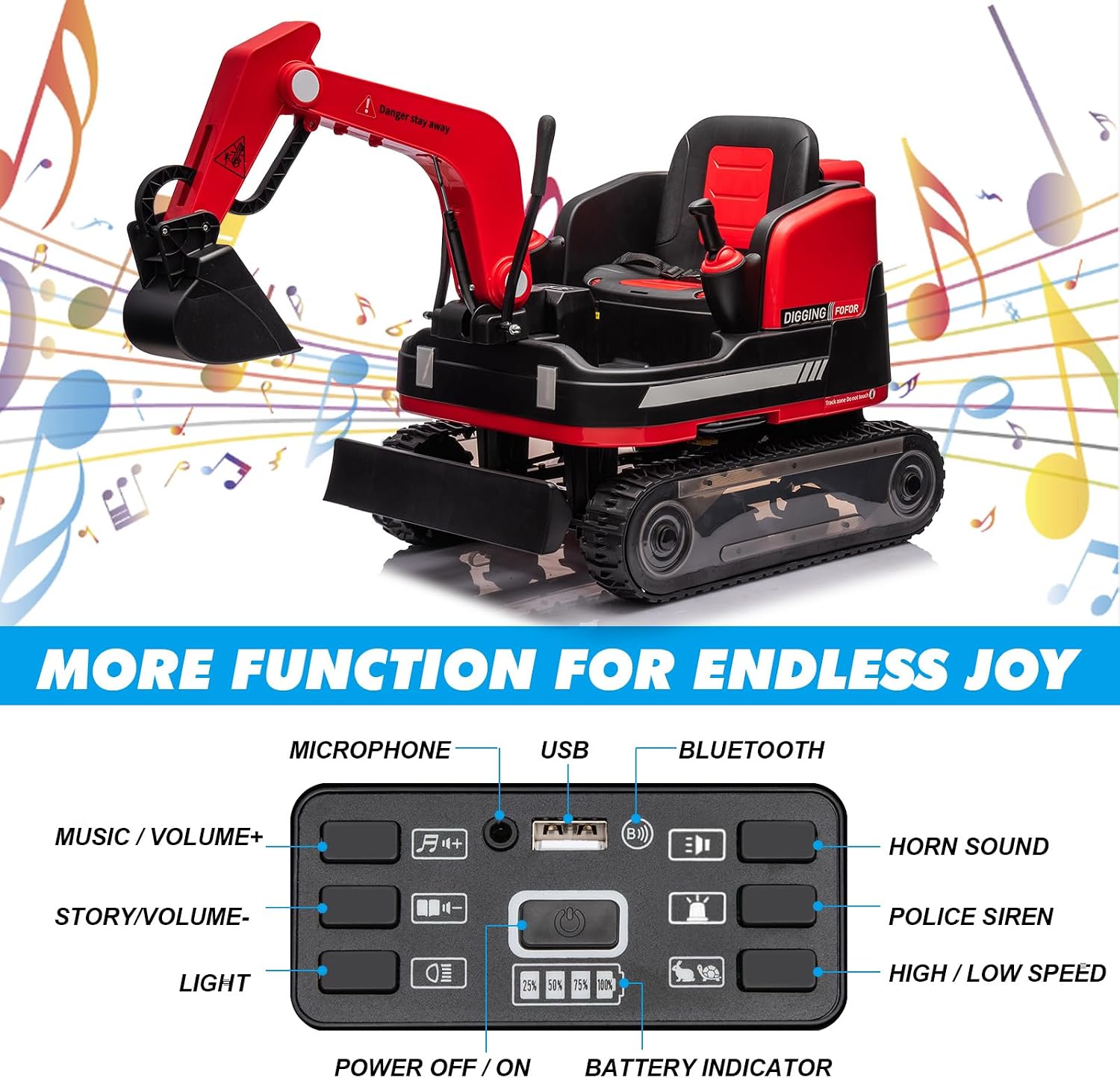 JOYLDIAS 360 Degree Rotating Ride On Excavator and Bulldozer,12V12AH Battery Powered Ride On Toy Backhoe W/Track Design Wheels for All Terrain,Remote Control,MP3,Toolbox for Kids,Parent,Red
