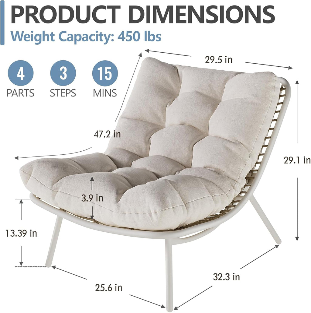 SWITTE Wicker Chaise Lounge Chair, Outdoor Comfy Papasan Recliner with Thick Cushion, Low Seat Patio Rattan Chair for Balcony, Backyard, Poolside - Cream