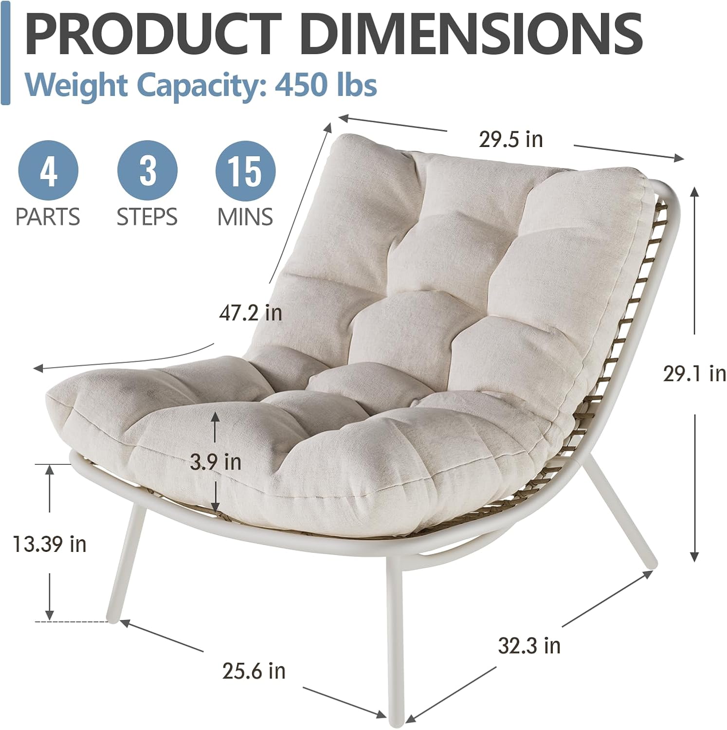 SWITTE Wicker Chaise Lounge Chair, Outdoor Comfy Papasan Recliner with Thick Cushion, Low Seat Patio Rattan Chair for Balcony, Backyard, Poolside - Cream