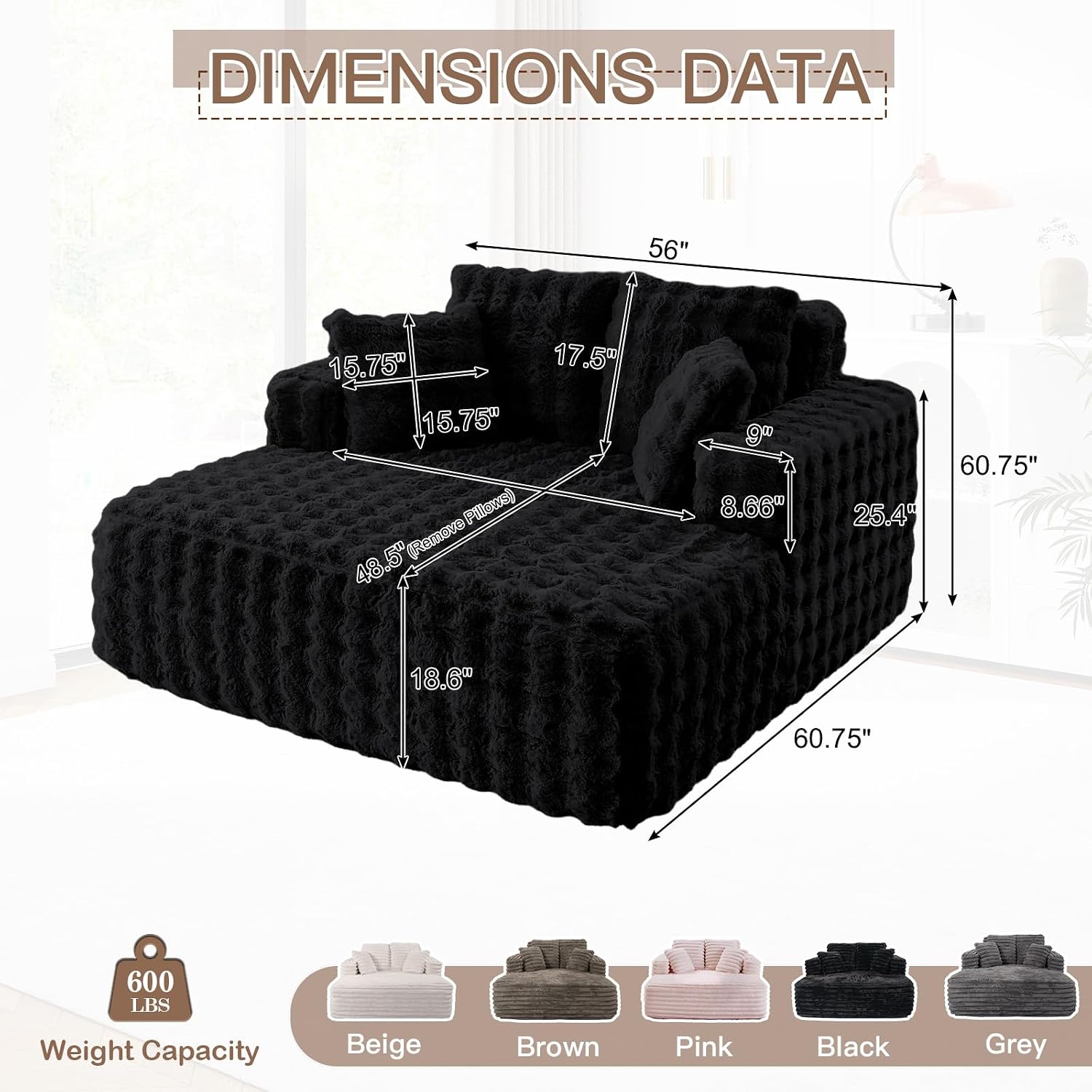 JEEOHEY 56' W Oversized Chaise Lounge Chair Indoor,Plush Faux Fur Sleeper Couch Sofa Bed with Pillows,Fluffy Comfy Cloud Sofa,Compression Foam Boneless Couch for Living Room,Bedroom(Bubble, Black)