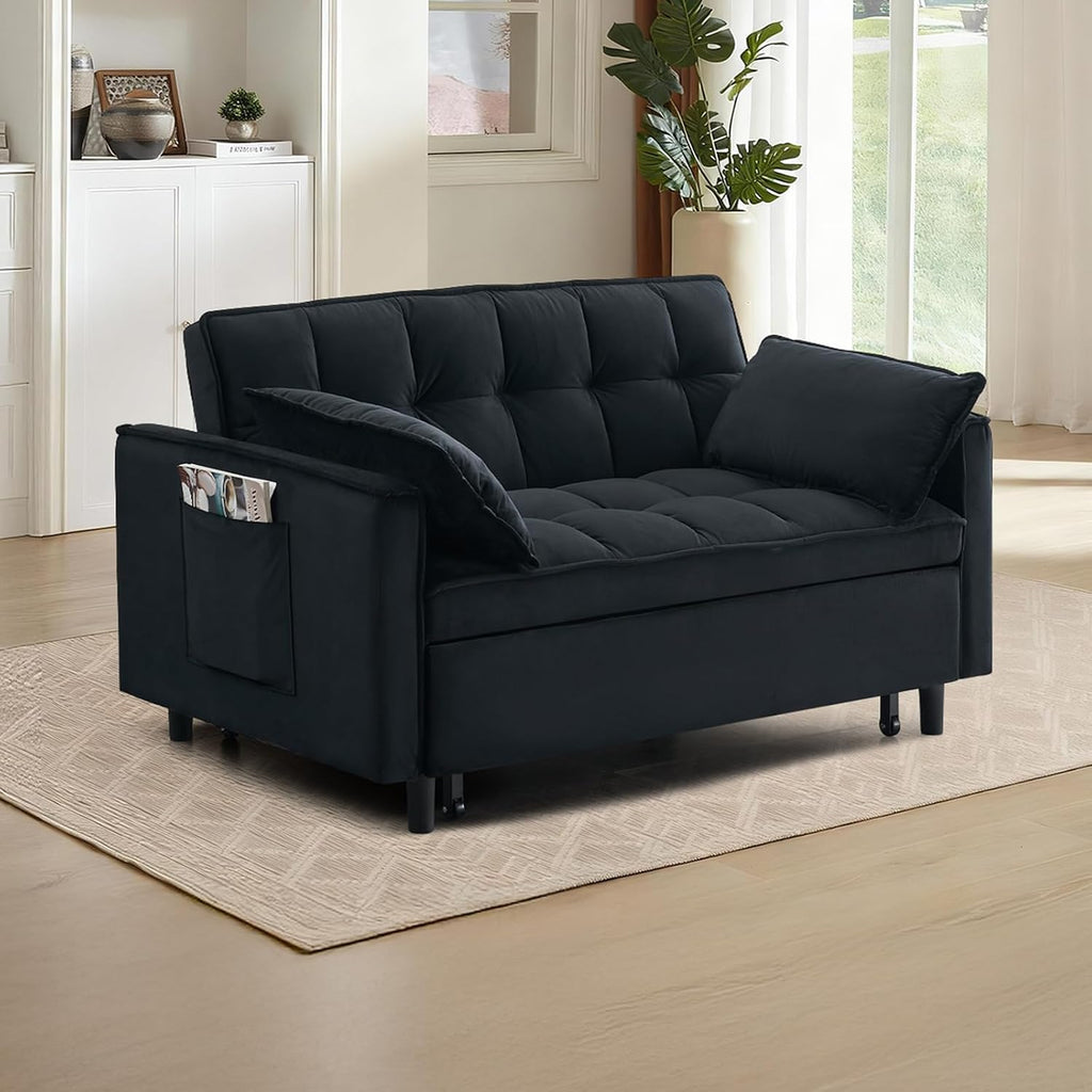 CAPCAEK 3 in 1 Convertible Sleeper Sofa Bed, Modern Velvet Loveseat Pull-Out Couch w/Pullout Bed, Small Love Seat Lounge Sofa w/Reclining Backrest,Toss Pillows, Pockets, for Living Room(Black, 55.1)