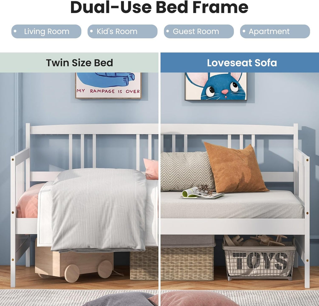 Giantex Twin Daybed Frame, Wooden Sofa Bed Guest Bed with Rails & Wood Slat Support, Dual-use Twin Size Platform Bed Frame for Living Room Bedroom, No Box Spring Needed, White