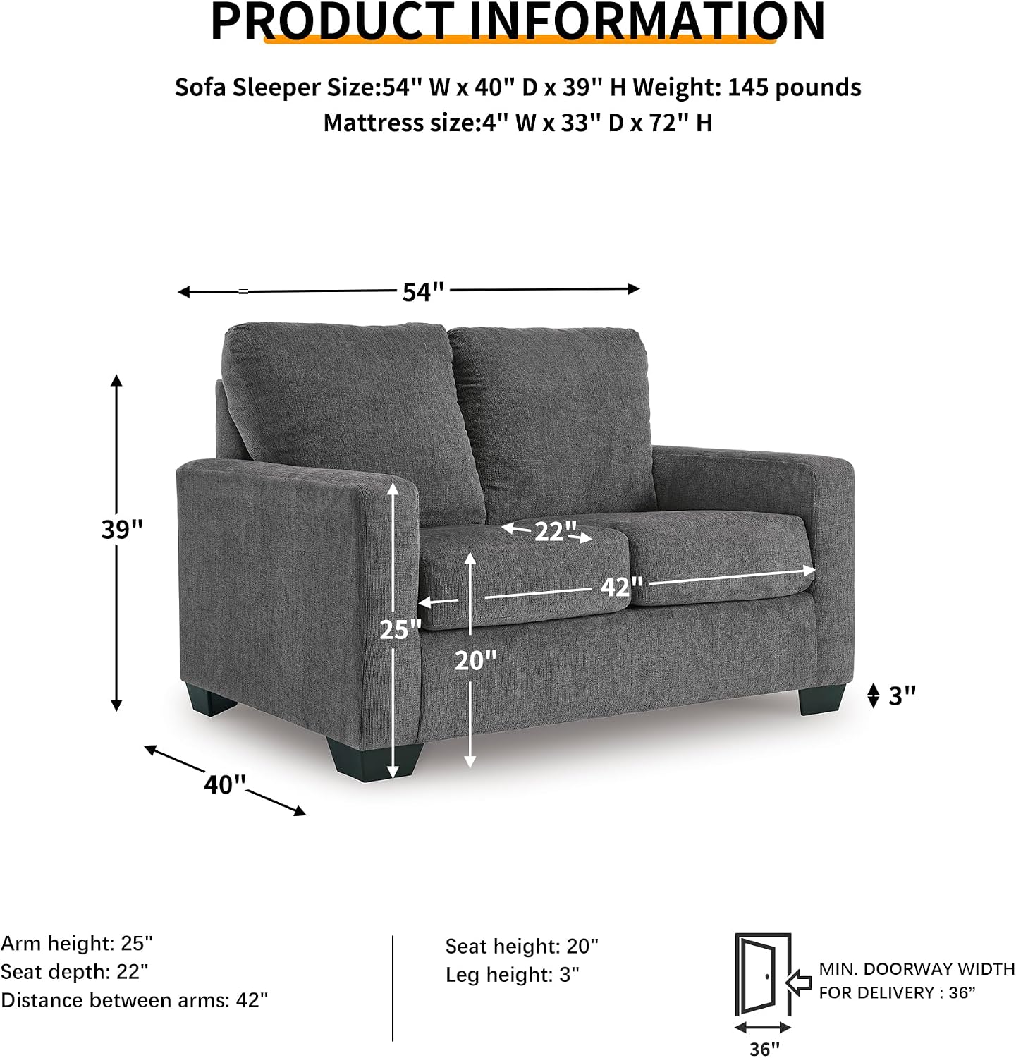 Signature Design by Ashley Rannis Casual 2-in-1 Sofa Sleeper with Folding Gel Memory Foam Mattress, Twin, Gray