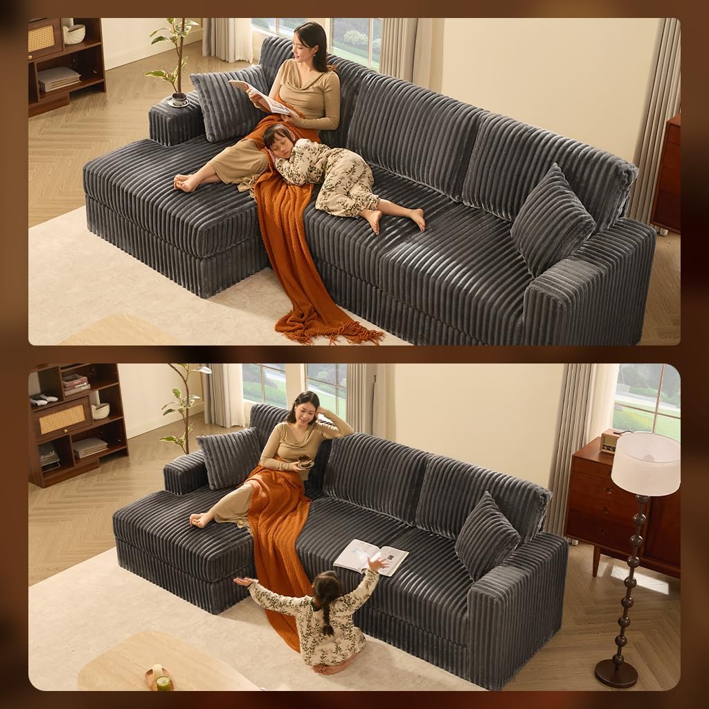 Cloud Couch 113' L-Shaped Couch (Not Boneless), 3-Seater Modular Sectional Couch, Queen Sofa with Corduroy Upholstery, Deep Seats, High Backrest & Pocket Spring Cushions, Left Facing Chaise, Grey