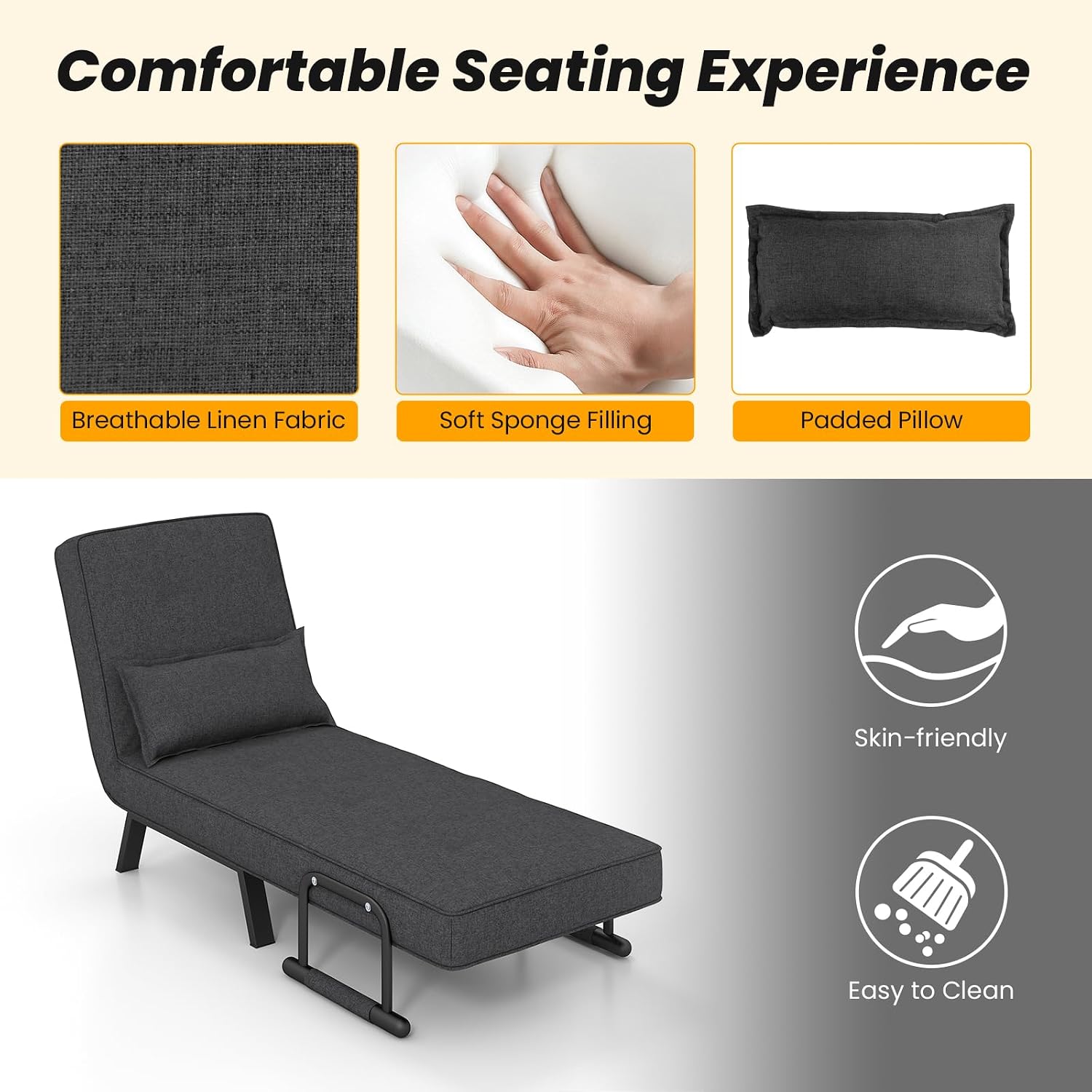 Giantex Convertible Sofa Bed, 4-in-1 Sleeper Chair with Pillow, Modern Recliner Guest Bed with 6 Positions Adjustable Backrest, Metal Legs, Linen Fabric Armchairs for Nursery Living Room Office