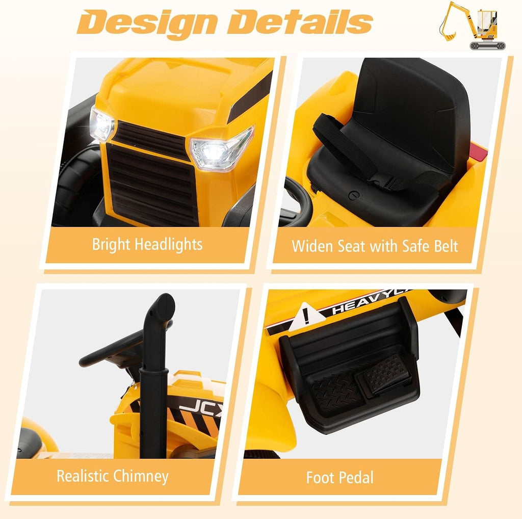 OLAKIDS Kids Ride on Car, 12V Electric Excavator Vehicle Construction Truck with Remote Control, Adjustable Bucket, Toddlers Battery Powered Bulldozer Tractor with 2 Speeds, Music, Citrine