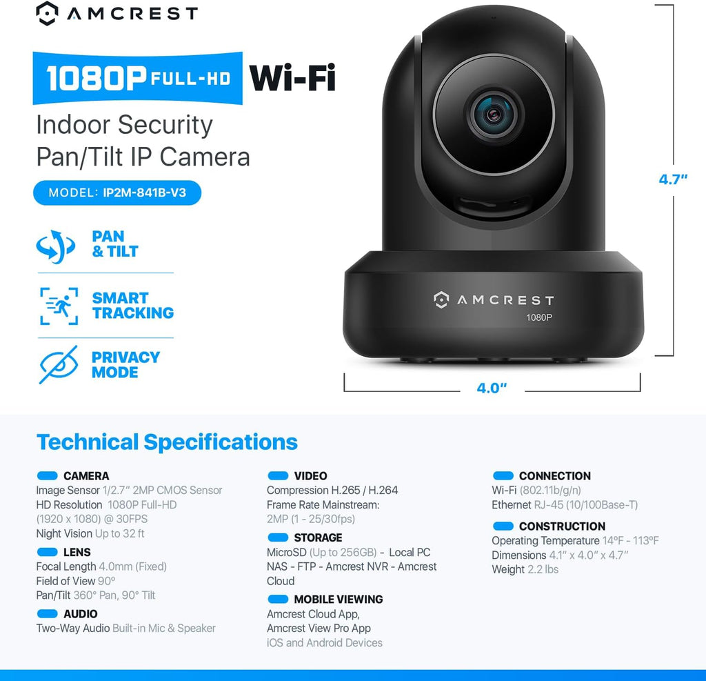 Amcrest 2-Pack 1080p WiFi Camera Indoor, 2MP Pan/Tilt Home Security Camera, Auto-Tracking, Motion & Audio Detection, Enhanced Browser Compatibility, H.265, Two-Way Talk 2PACK-IP2M-841B-V3 (Black)