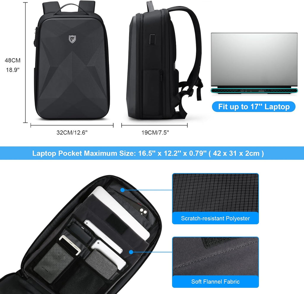 FENRUIEN 17 Inch Laptop Backpack for Men,Waterproof Anti Theft Computer Backpack with USB C Charging Port,Hardshell Gaming Laptop Bag,Black