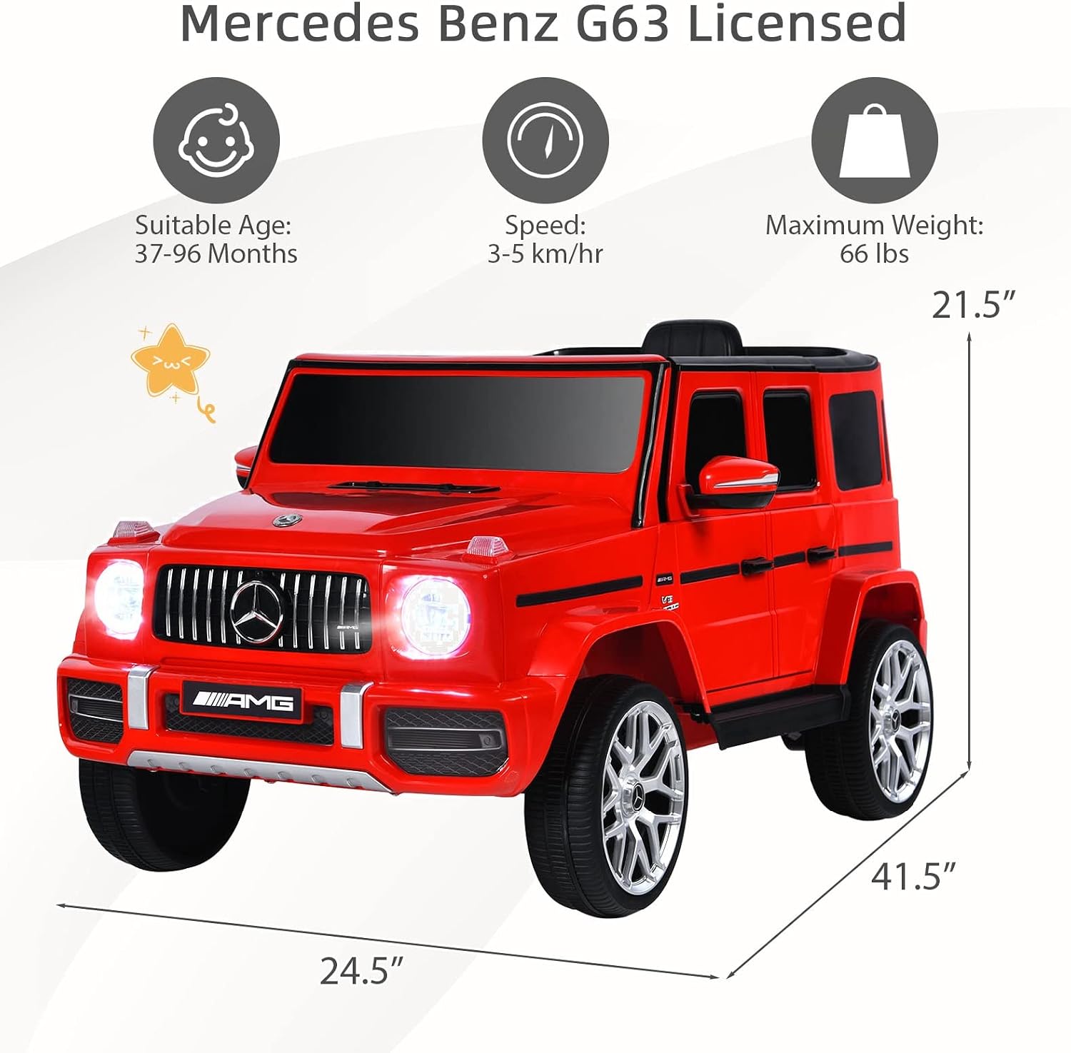 INFANS Licensed Mercedes Benz G63 Kids Ride On Car, 12V Electric Vehicle with Remote Control, Double Open Doors, Music, Bluetooth, Wheels Suspension, Battery Powered for Children Boy Girl (Red)