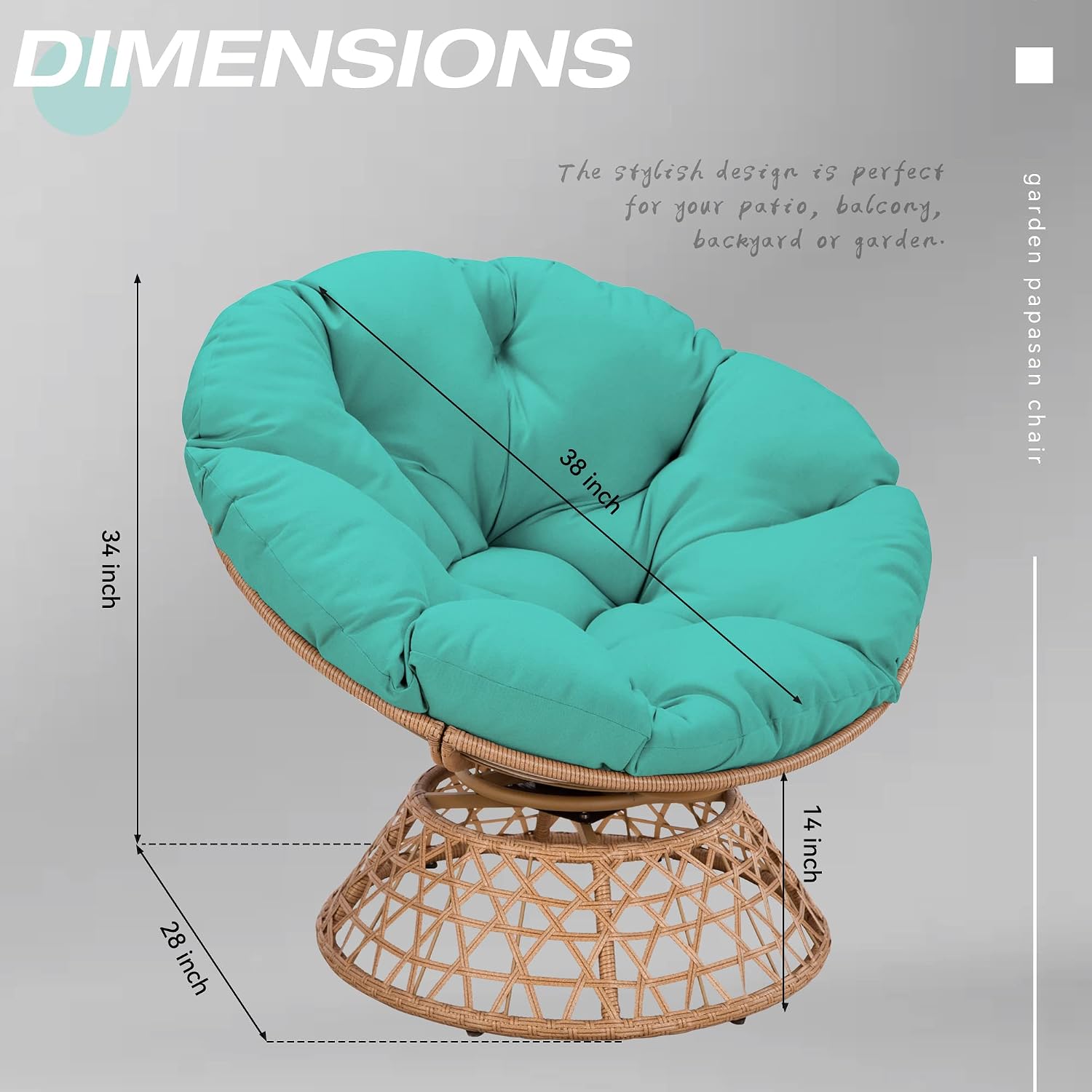 38'' 360 Degree Swivel Wicker Papasan Chair with Cushion and Base - Thickened Rattan Swivel Papasan Chair with Soft Cushion and Durable Frame, Oversized Reading Chair for Living Room, Teal