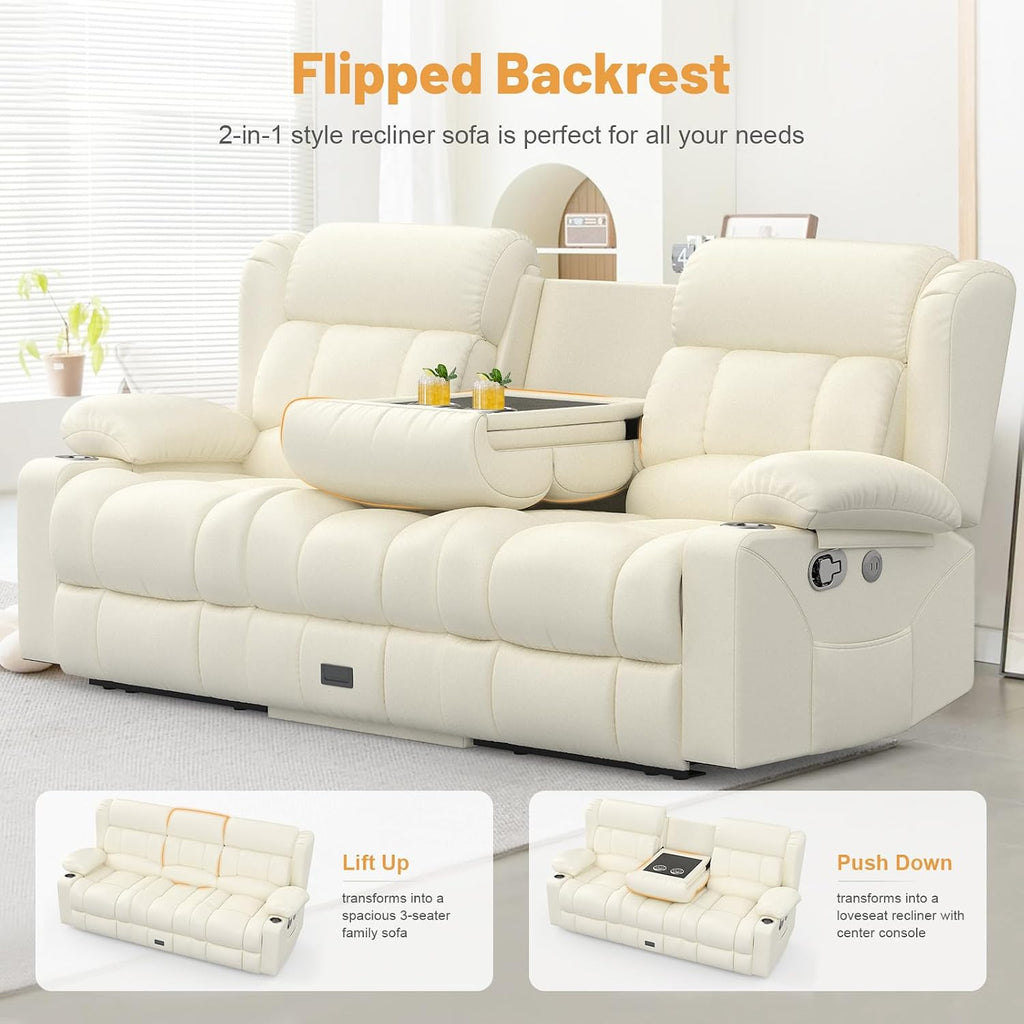 Dresegmt Loveseat Recliner Sofa, Flip Middle Backrest Design PU Leather 3 Seat Reclining Sofa with Storage Drawer, Manual Couch for Living Room (Ivory White, PU)