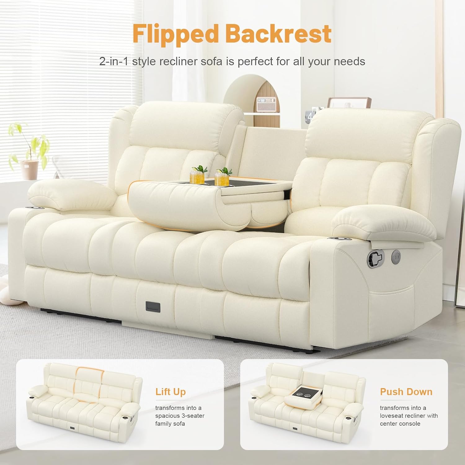 Dresegmt Loveseat Recliner Sofa, Flip Middle Backrest Design PU Leather 3 Seat Reclining Sofa with Storage Drawer, Manual Couch for Living Room (Ivory White, PU)
