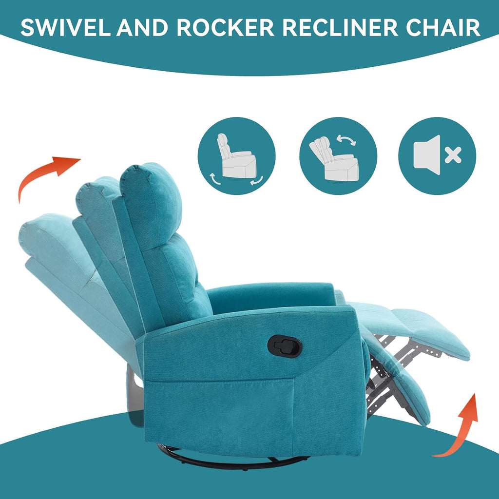 PELUMY Manual Recliner Chair, 360° Swivel Glider and Rocker Recliner with 155° Recline, Compact Fabric Recliner for Small Space, Nursery, Living Room, Bedroom, No Tools Assembly (Blue)