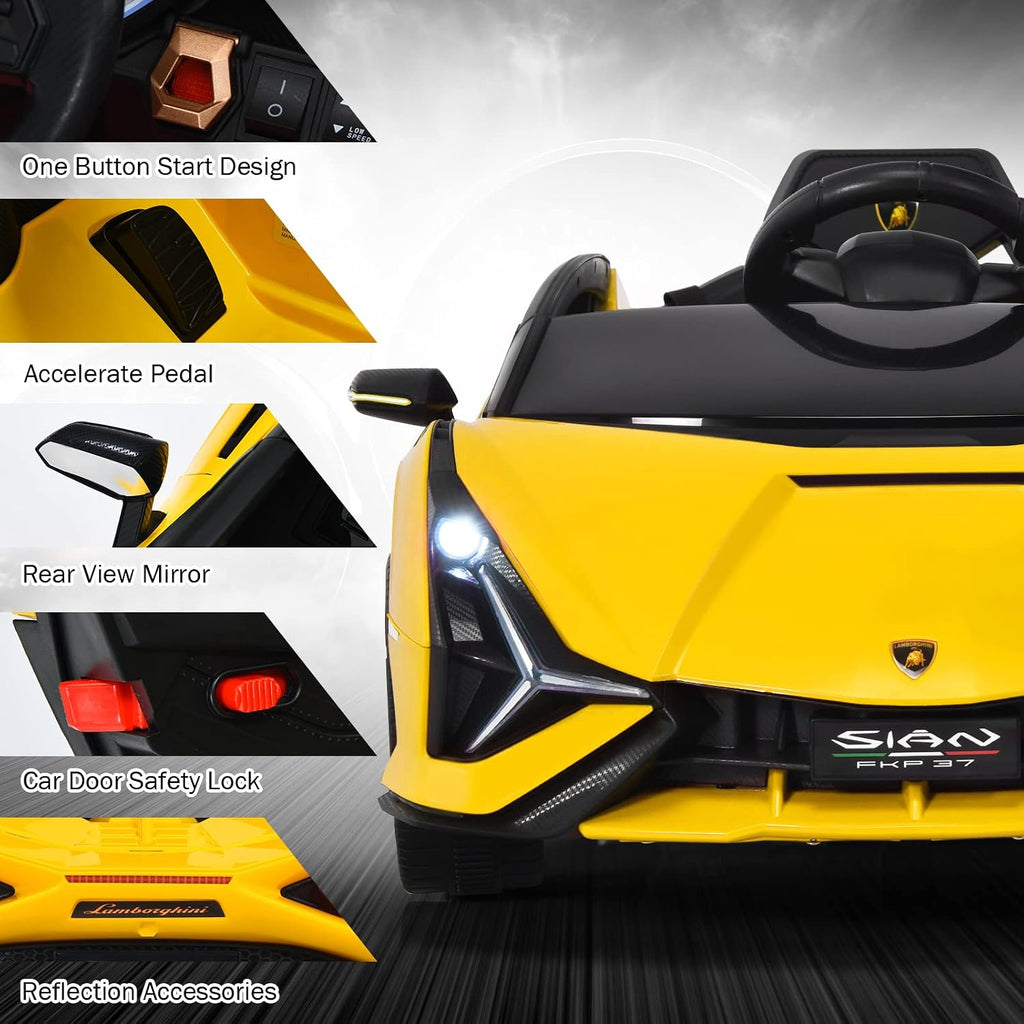 INFANS 12V Licensed Lamborghini Sian Kids Ride On Car with Parent Remote Control, Spring Suspension, MP3 Player, Electric Toy Roadster Carbon Fiber Textured for Toddler (Yellow)