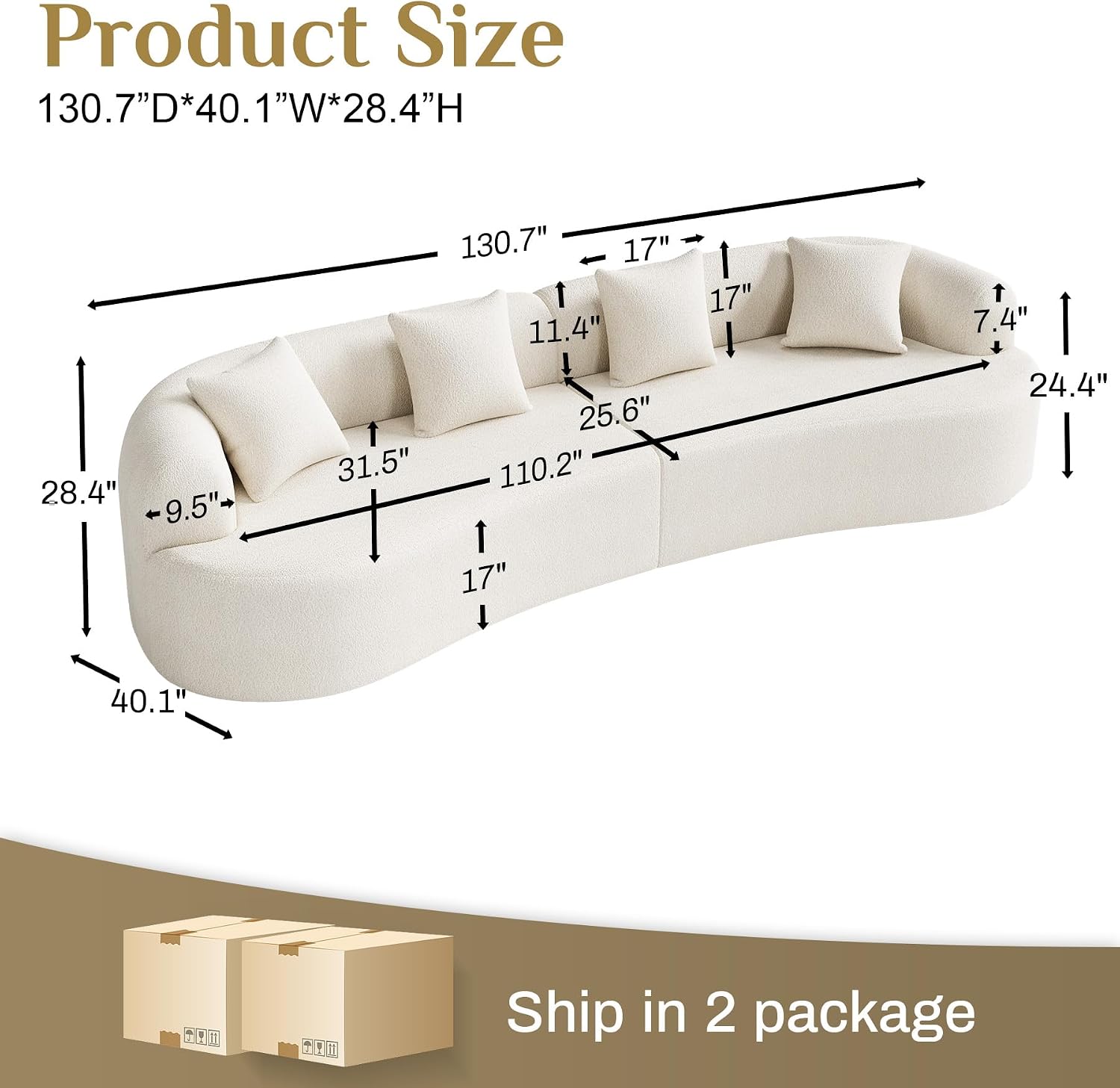 131' Oversized Sectional Sofa for Living Room, Modern Luxury Plush Chenille 4-Seater Extra Deep & Wide Seat Curved Cloud Couch with 4 Throw Pillows, No Assembly Needed, Cream White