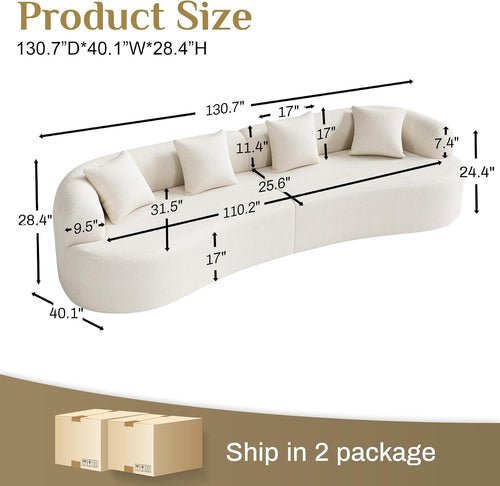 131' Oversized Sectional Sofa for Living Room, Modern Luxury Plush Chenille 4-Seater Extra Deep & Wide Seat Curved Cloud Couch with 4 Throw Pillows, No Assembly Needed, Cream White