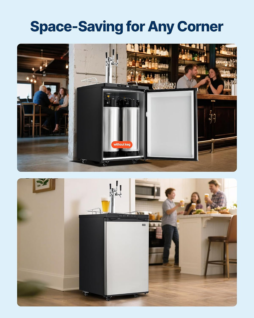 VEVOR Beer Kegerator, Triple Tap Commercial Draft Beer Dispenser for D system, Full Size Keg Refrigerator with 5lbs CO2 Tank, Hold 3 Sixth/2 Slim/3 Ball lock keg (3 taps - ball lock)
