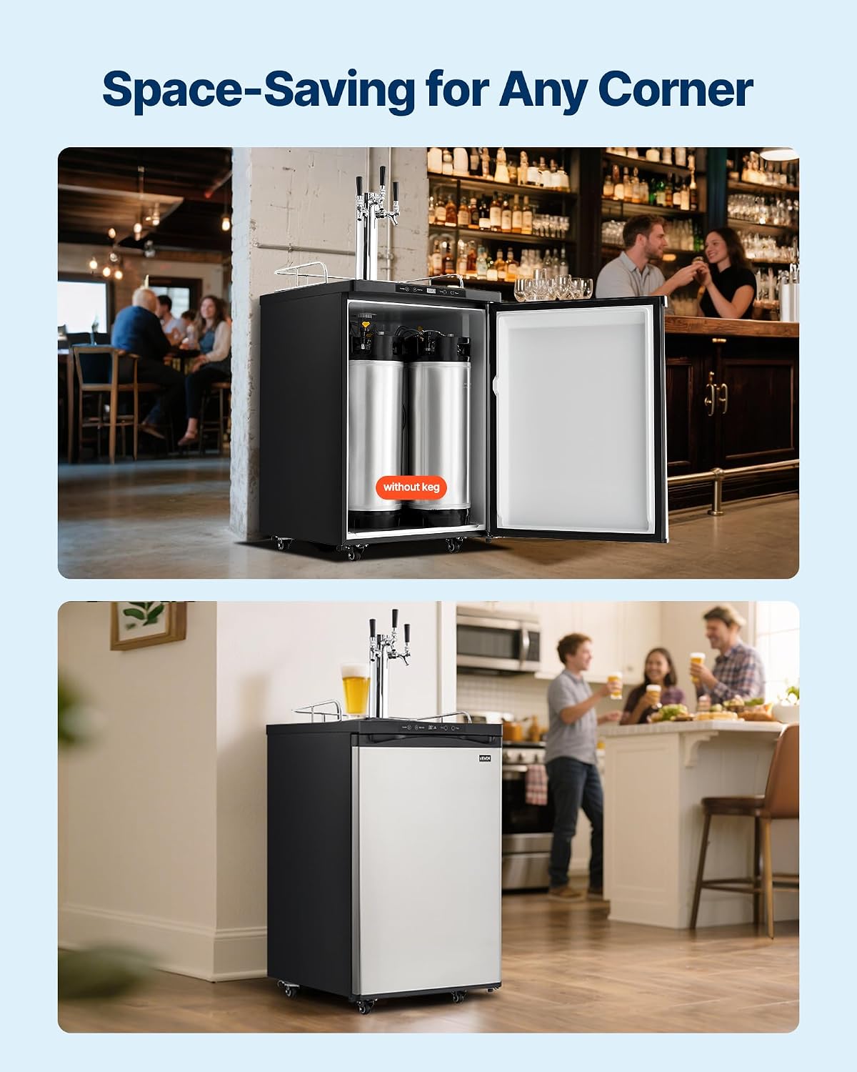 VEVOR Beer Kegerator, Triple Tap Commercial Draft Beer Dispenser for D system, Full Size Keg Refrigerator with 5lbs CO2 Tank, Hold 3 Sixth/2 Slim/3 Ball lock keg (3 taps - ball lock)