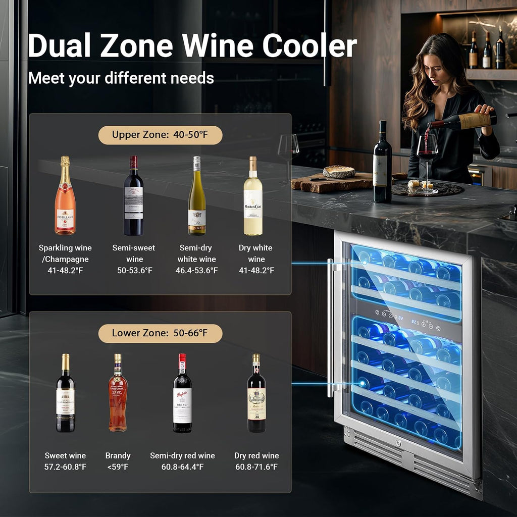 BODEGA 24 inch Wine Cooler, 46 Bottle, Under Counter Wine Cooler 24'' with Adjustable Shelves, Built-in Wine Refrigerators Free standing, Energy Efficient, Dual Zone Wine Fridge for Home Bar Office.