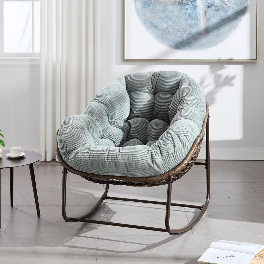 Outside Rattan Rocking Chair with Wicker Cushion, Oversized Lounge Papasan Chair, Outdoor Camping Chairs Patio Furniture for Garden, Balcony, Front Porch & Living Room, Olive2