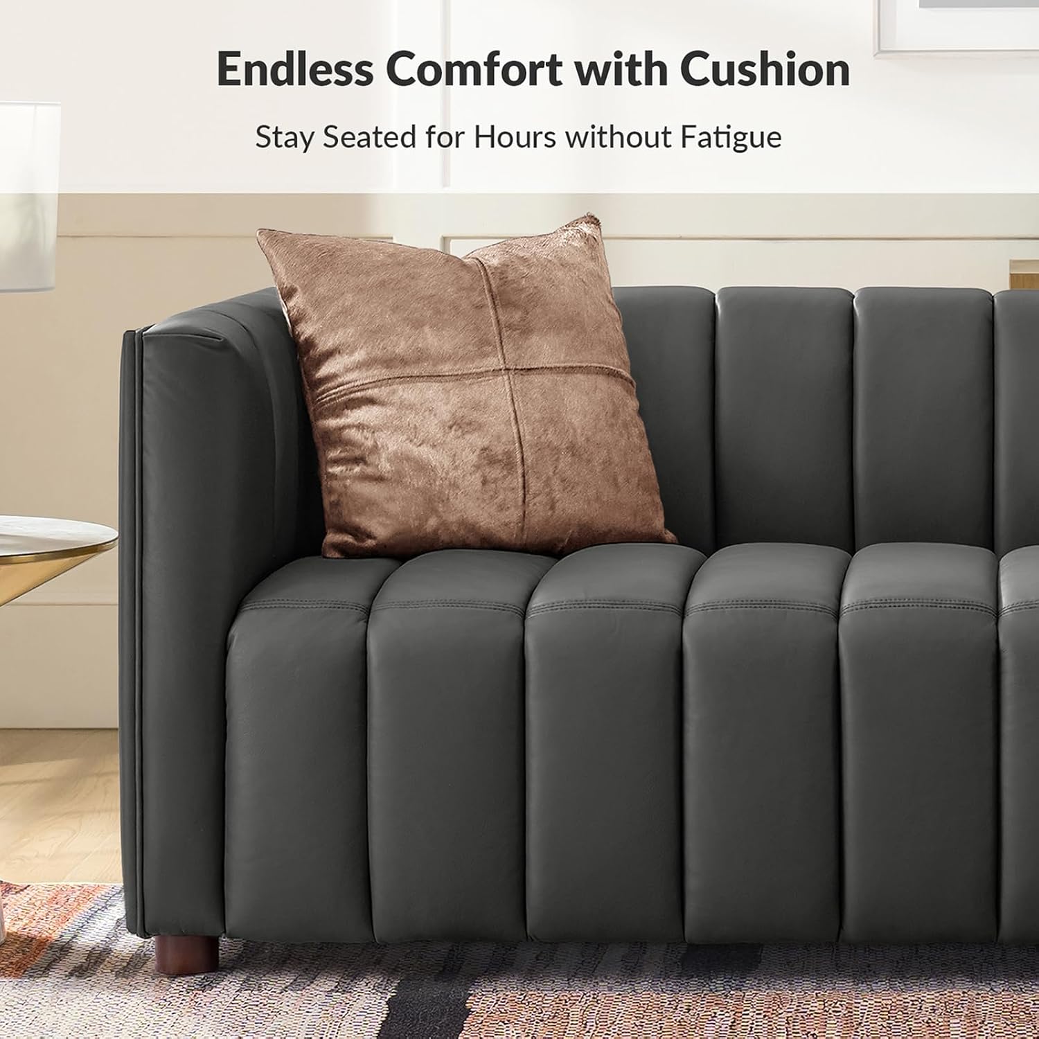 HULALA HOME 83' Genuine Leather Sofa with Channel Tufted Design, 3-Seater Sofa for Living Room Bedroom, Modern Oversized Couch with Wood Legs, Charcoal